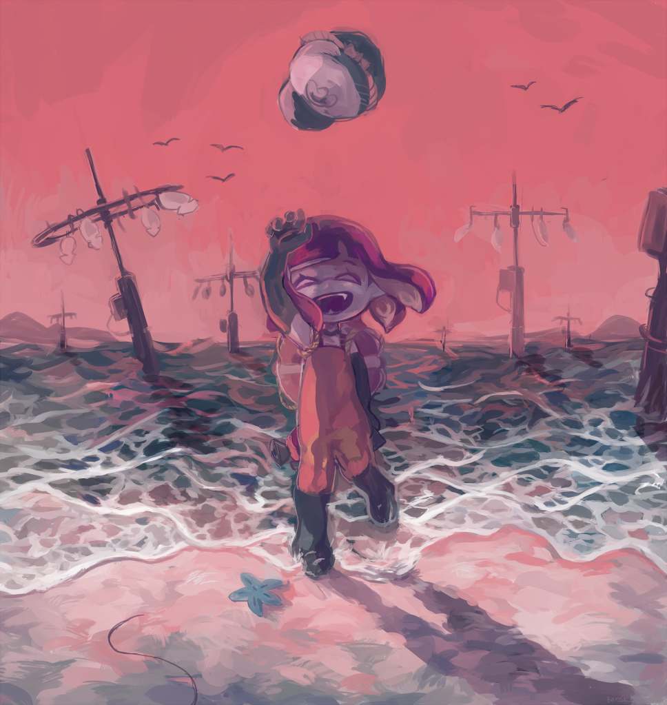 bonjiri nosuke, inkling girl, inkling player character, splatoon (series), splatoon 2, 1girl, ^ ^, arm behind back, arm up, backlighting, baseball cap, beach, blunt bangs, boots, closed eyes, elbow gloves, facing viewer, fangs, female focus, flat chest, full body, gloves, green boots, green gloves, green hat, happy, hat, holding, holding behind back, holding weapon, inkling, jumpsuit, leg up, lifebuoy, ocean, open mouth, orange jumpsuit, outdoors, red hair, red sky, salmon run (splatoon), shirt, short hair, sidelocks, simple bird, sky, smile, solo, splattershot (splatoon), standing, standing on one leg, starfish, suction cups, swim ring, teeth, tentacle hair, tentacles, throwing, throwing hat, water, weapon, white shirt