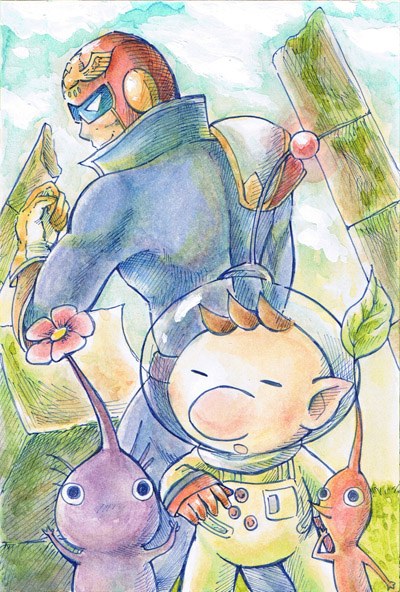 hira saiki, captain falcon, olimar, purple pikmin, red pikmin, f-zero, nintendo, pikmin (series), super smash bros., traditional media, 2boys, back-to-back, brown hair, flower, gloves, helmet, leaf, multiple boys, nose, pikmin (creature), pointy ears, smile, spacesuit