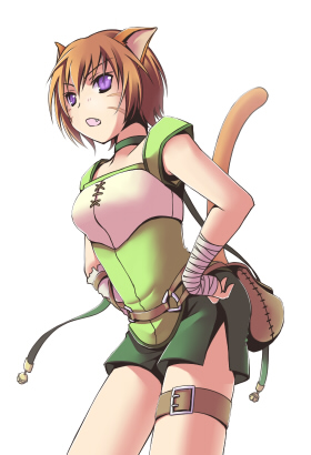lethe (fire emblem), fire emblem, fire emblem: path of radiance, fire emblem: radiant dawn, nintendo, lowres, animal ears, bandages, belt, fang, gloves, o-ring, o-ring belt, orange hair, purple eyes, shorts, side slit, side slit shorts, solo, tail