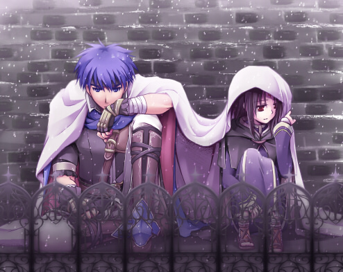 ike (fire emblem), soren (fire emblem), fire emblem, fire emblem: path of radiance, fire emblem: radiant dawn, nintendo, lowres, 2boys, black hair, blanket, blue eyes, blue hair, cape, gloves, long hair, male focus, multiple boys, red eyes, snow