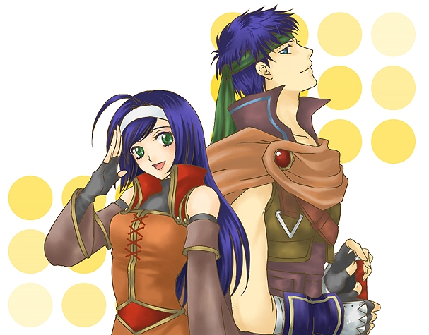 ike (fire emblem), mia (fire emblem), fire emblem, fire emblem: path of radiance, fire emblem: radiant dawn, nintendo, 1boy, 1girl, ahoge, blue eyes, blue hair, cape, detached sleeves, gloves, green eyes, hairband, headband, long hair, smile
