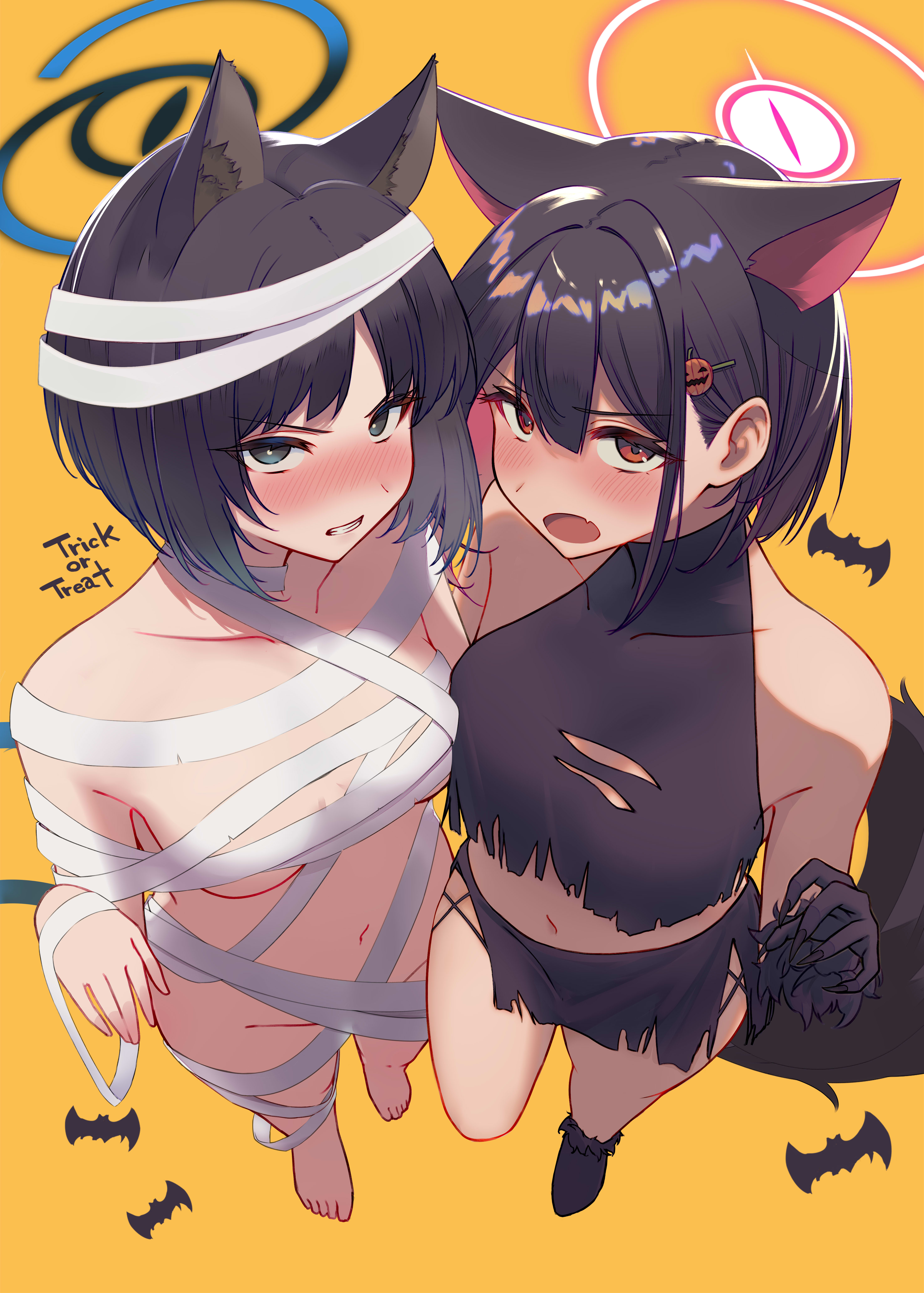 yata mawari, kazusa (blue archive), kikyou (blue archive), blue archive, absurdres, highres, 2girls, alternate costume, animal ears, animal hands, bandages, barefoot, bikini, black bikini, black gloves, black hair, black shirt, black shoes, blue eyes, blue halo, blush, bob cut, breasts, cat ears, cat girl, cat tail, clenched teeth, colored inner animal ears, colored inner hair, cropped shirt, extra ears, fang, gloves, hair between eyes, halo, multicolored hair, multiple girls, naked bandage, navel, official alternate costume, open mouth, parted bangs, paw gloves, pink hair, pink halo, red eyes, shirt, shoes, short hair, skin fang, sleeveless, sleeveless shirt, swimsuit, tail, teeth, two-tone hair