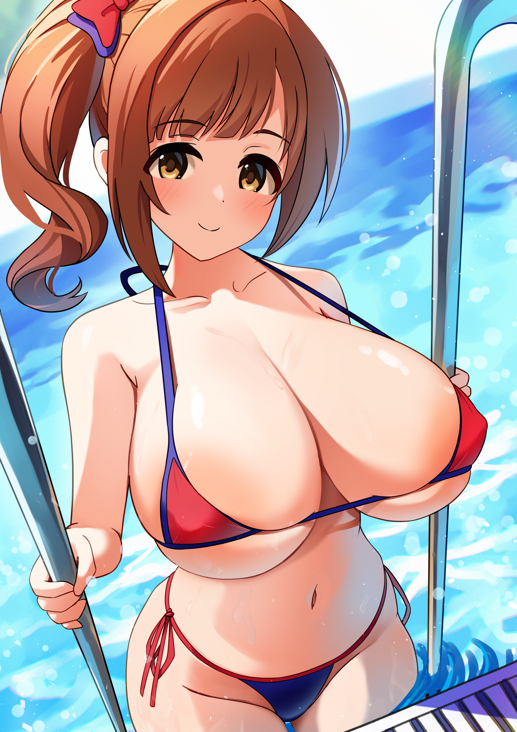 satoyama meu, igarashi kyoko, idolmaster, idolmaster cinderella girls, idolmaster cinderella girls starlight stage, absurdres, commentary request, highres, 1girl, areola slip, bare arms, bikini, blue bikini, bow, breasts, brown eyes, brown hair, cleavage, closed mouth, collarbone, covered erect nipples, hair bow, huge breasts, looking at viewer, multicolored bikini, navel, pool, pool ladder, red bikini, red bow, side ponytail, sidelocks, skindentation, smile, solo, swimsuit, two-tone bikini, upper body