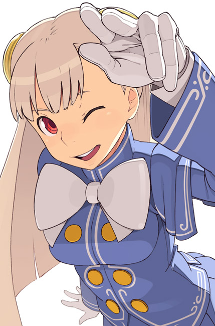 go robots, ingrid (capcom), capcom, capcom fighting jam, 1girl, albino, blue theme, bow, bun cover, double bun, female focus, gloves, hair bun, hairpods, hand up, long hair, one eye closed, open mouth, red eyes, smile, solo, white bow, white hair, wink