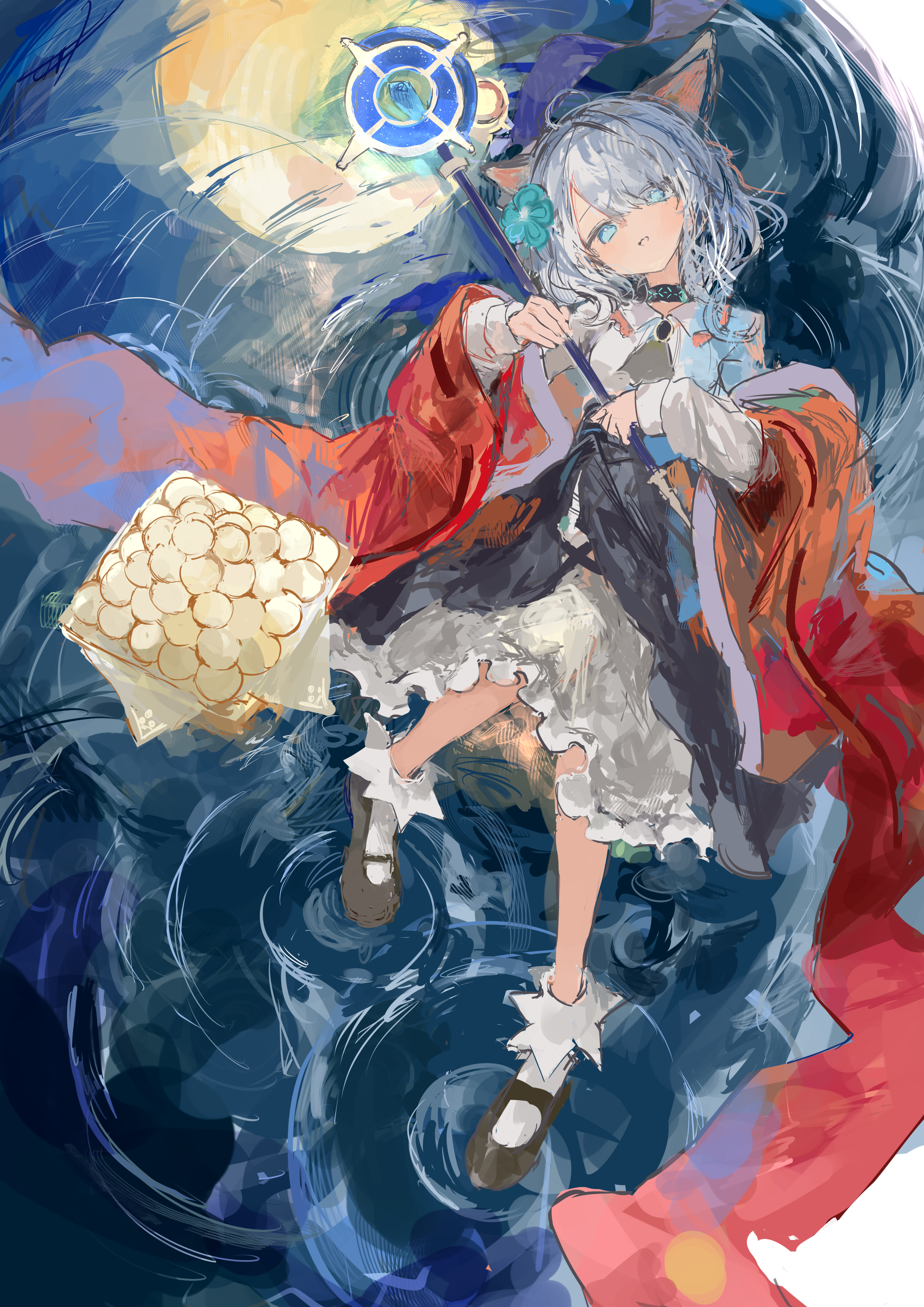 ichika (ichika87), infection monitor (arknights), mint (arknights), arknights, absurdres, highres, 1girl, animal ears, black shoes, blue eyes, bobby socks, cat ears, cat girl, grey hair, holding, holding staff, shoes, socks, solo, staff, white socks