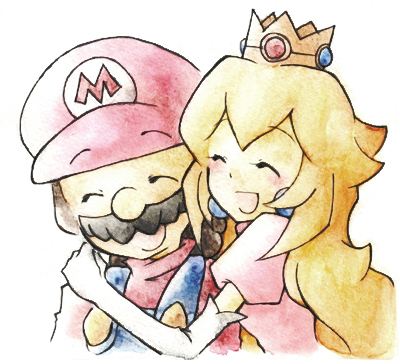 mario, princess peach, mario (series), nintendo, lowres, 1boy, 1girl, blonde hair, brown hair, closed eyes, couple, crown, earrings, elbow gloves, eyebrows visible through hat, facial hair, gloves, happy, hat, hetero, hug, jewelry, long hair, mustache, overalls, smile, white background