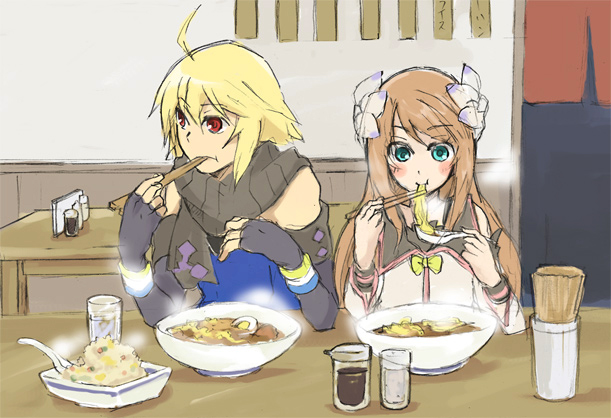 emil castagnier, marta lualdi, tales of (series), tales of symphonia, tales of symphonia: dawn of the new world, 00s, blonde hair, blue eyes, brown hair, eating, flower, food, fried rice, gloves, hair flower, hair ornament, long hair, noodles, ramen, red eyes, scarf, wristband