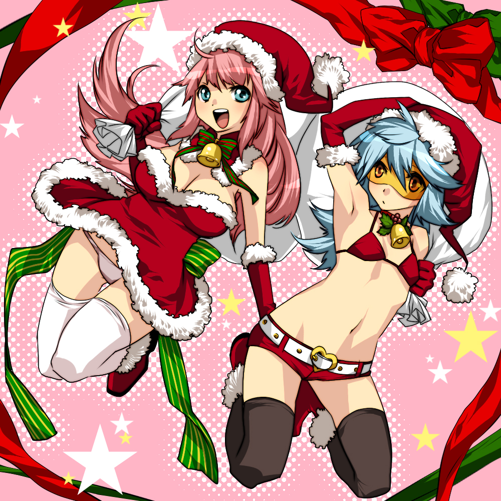 makuro, original, bad id, bad pixiv id, 2girls, armpits, bikini, bikini top only, blue eyes, blue hair, breasts, christmas, cleavage, flat chest, gloves, hat, large breasts, long hair, multiple girls, panties, pink hair, red gloves, santa costume, santa hat, shorts, swimsuit, thighhighs, underwear, white thighhighs