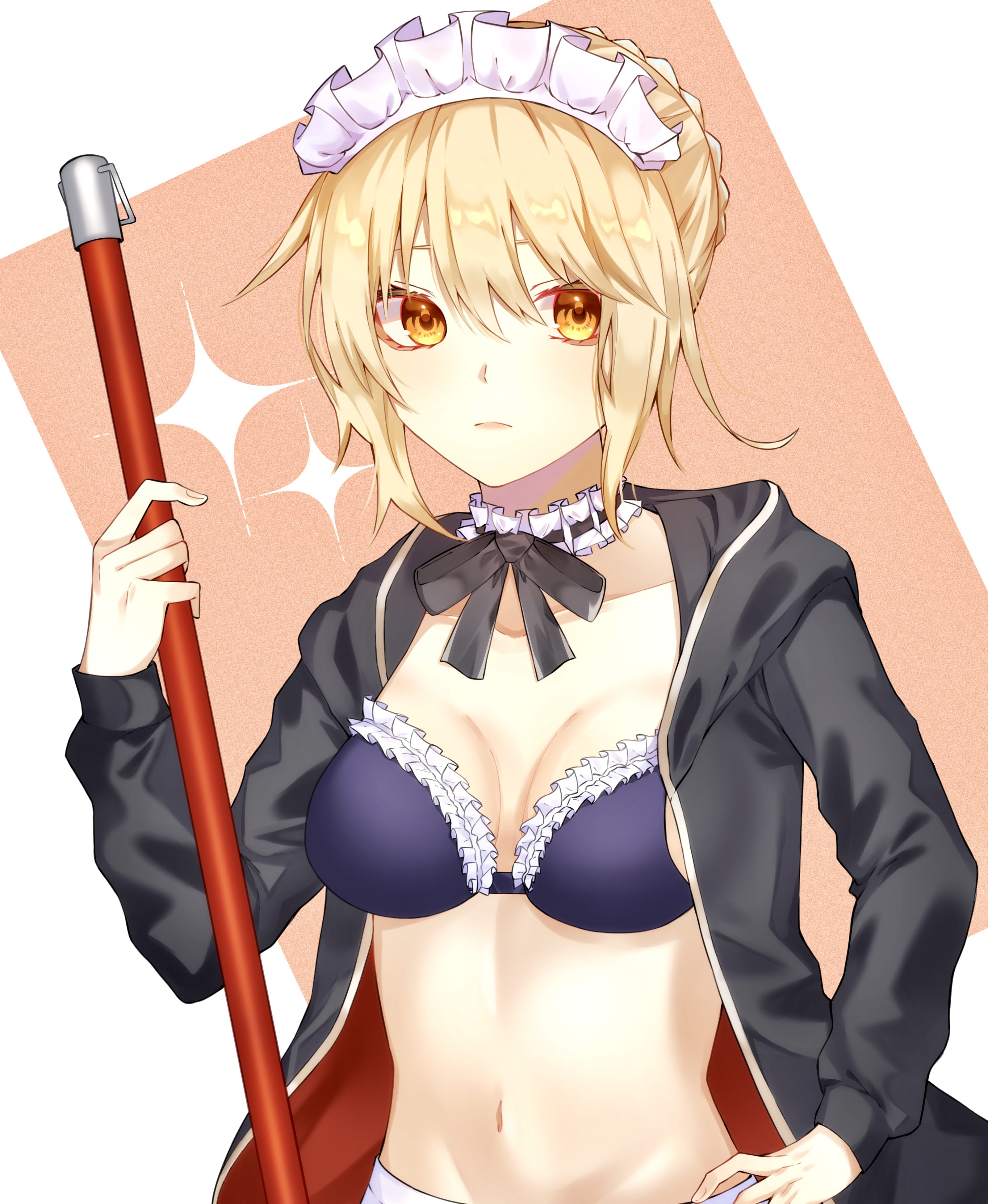 yunoji (onigiri yumi09), artoria pendragon (fate), saber alter, saber alter (swimsuit rider) (second ascension), fate/grand order, fate (series), absurdres, highres, 1girl, apron, bikini, black bow, black bowtie, black jacket, blonde hair, blush, border, bow, bowtie, braid, breasts, broom, choker, closed mouth, frilled choker, frills, hair between eyes, hand on own hip, holding, holding broom, hood, hooded jacket, jacket, long sleeves, looking to the side, maid headdress, medium breasts, navel, open clothes, open jacket, orange eyes, outside border, pink background, puffy long sleeves, puffy sleeves, purple bikini, red jacket, short hair, sidelocks, simple background, solo, sparkle, swimsuit, two-sided fabric, two-sided jacket, upper body, white border, white choker
