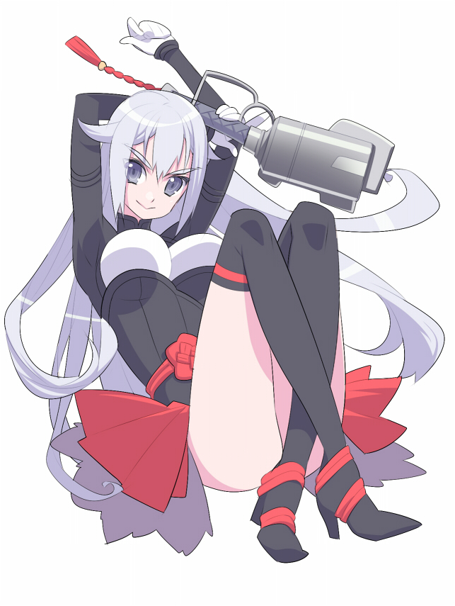 tensugi takashi, kurohime, mahou tsukai kurohime, silver hair, bad id, bad pixiv id, 1girl, breasts, female focus, grey eyes, long hair, medium breasts, smile, solo, thighhighs, underboob