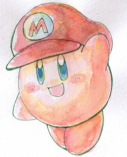 kirby, mario, kirby (series), mario (series), nintendo, super smash bros., lowres, traditional media, blue eyes, clothes writing, full body, gradient background, grey background, hat, red hat, smile, white background