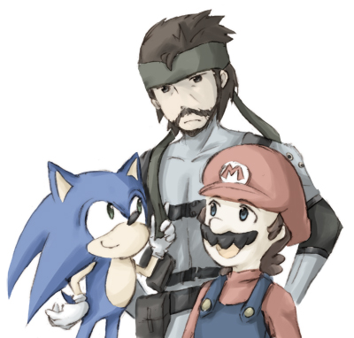 iroquois pliskin, mario, solid snake, sonic the hedgehog, mario (series), metal gear (series), metal gear solid, nintendo, sonic (series), super mario bros. 1, super smash bros., lowres, 3boys, beard, blue eyes, brown eyes, brown hair, facial hair, furry, furry male, gloves, headband, male focus, multiple boys, mustache, overalls, smile