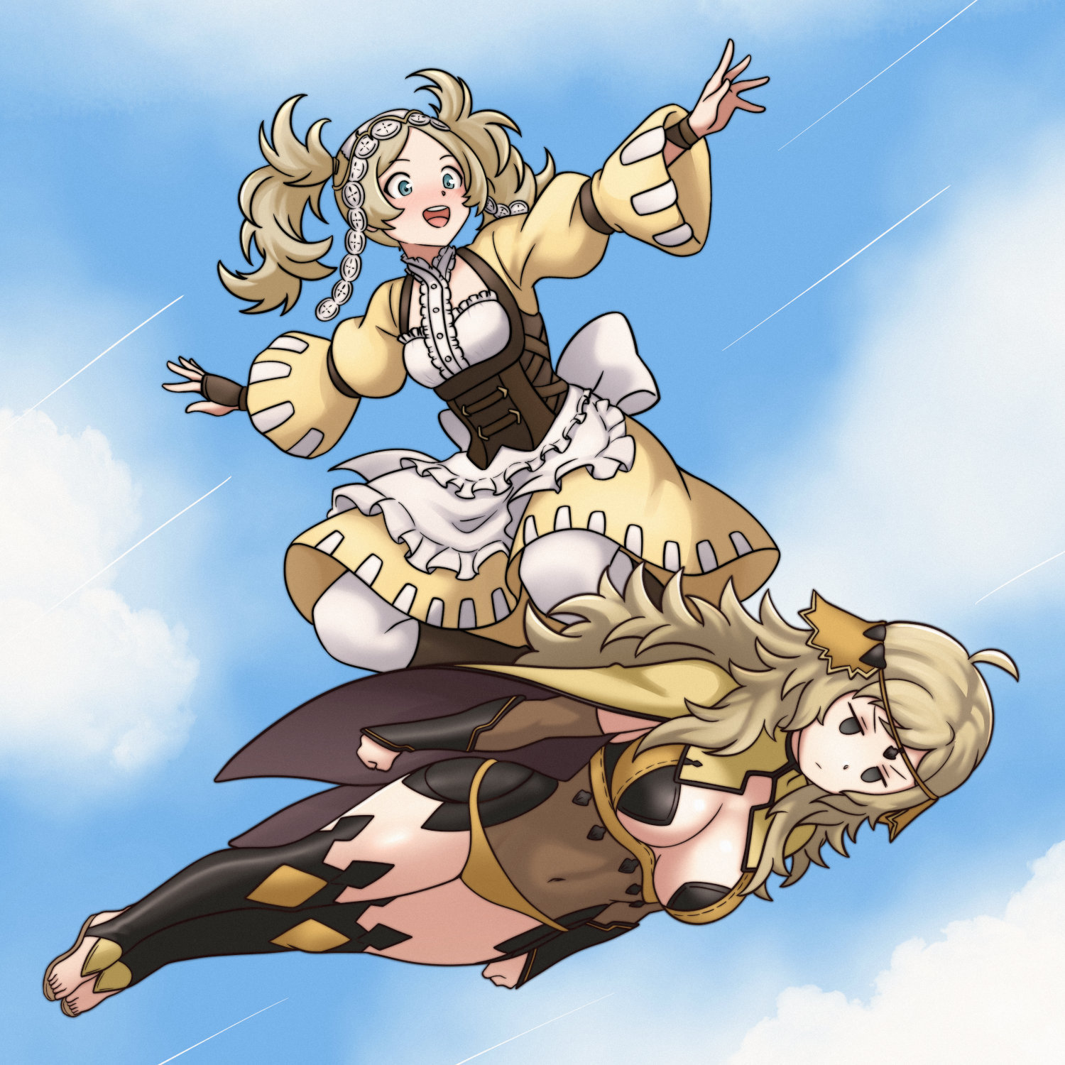 hayato stuff, lissa (fire emblem), ophelia (fire emblem), fire emblem, fire emblem awakening, fire emblem fates, nintendo, commission, highres, second-party source, 2girls, blonde hair, blue eyes, blue sky, bodystocking, breasts, cleavage, covered navel, flying, frown, grandmother and granddaughter, grey eyes, human board, medium breasts, multiple girls, panties, sky, small breasts, surfing, thighs, twintails, underwear, yellow panties