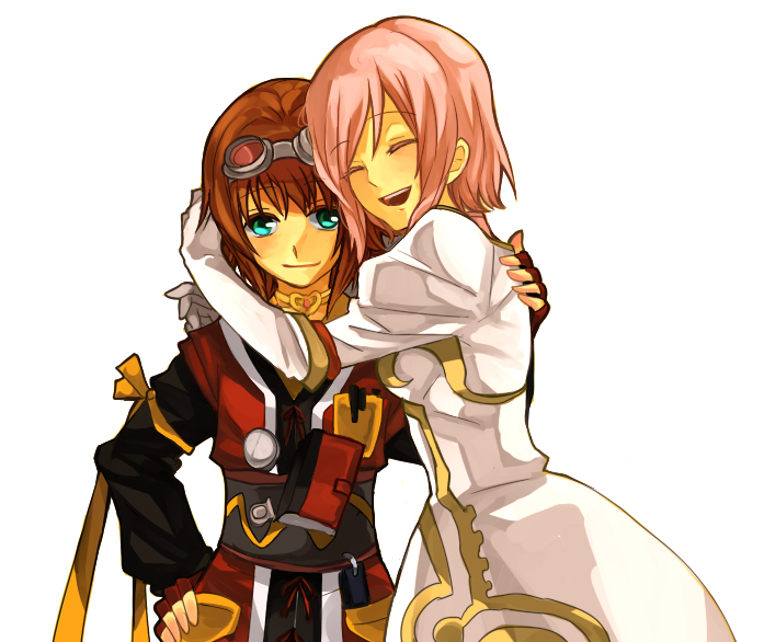 nanamura, estellise sidos heurassein, rita mordio, tales of (series), tales of vesperia, 00s, 2girls, bob cut, brown hair, gloves, goggles, green eyes, hug, multiple girls, pink hair, ribbon, short hair, smile