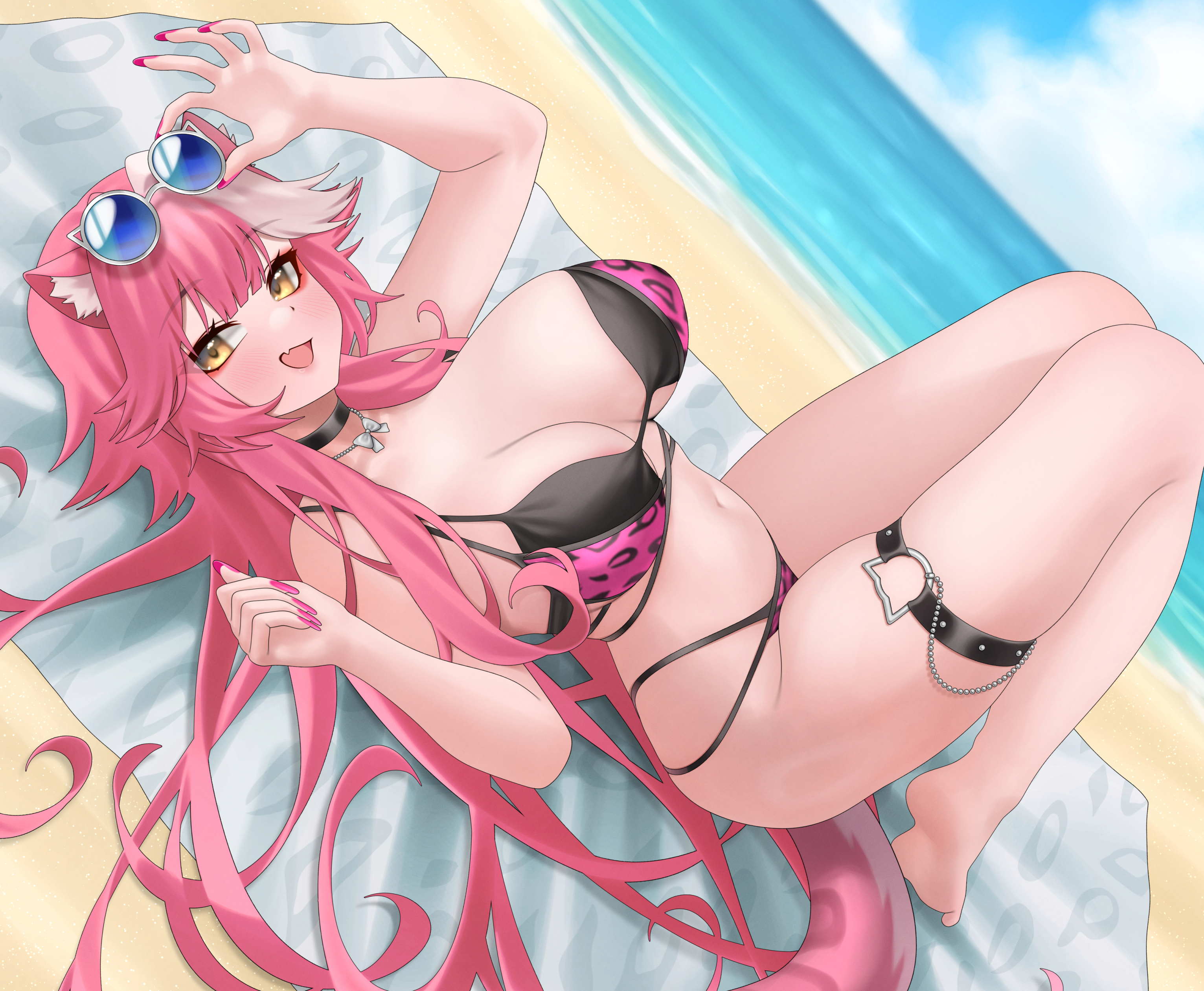 graynacht, raora panthera, raora panthera (holonatsu paradise), hololive, hololive english, absurdres, highres, 1girl, animal ear fluff, animal ears, beach, beach towel, bikini, black choker, blue sky, breasts, cat ears, cat girl, choker, cloud, day, goggles, goggles on head, large breasts, looking at viewer, lying, multicolored hair, ocean, on back, outdoors, pink hair, sky, solo, streaked hair, swimsuit, thigh strap, towel, virtual youtuber