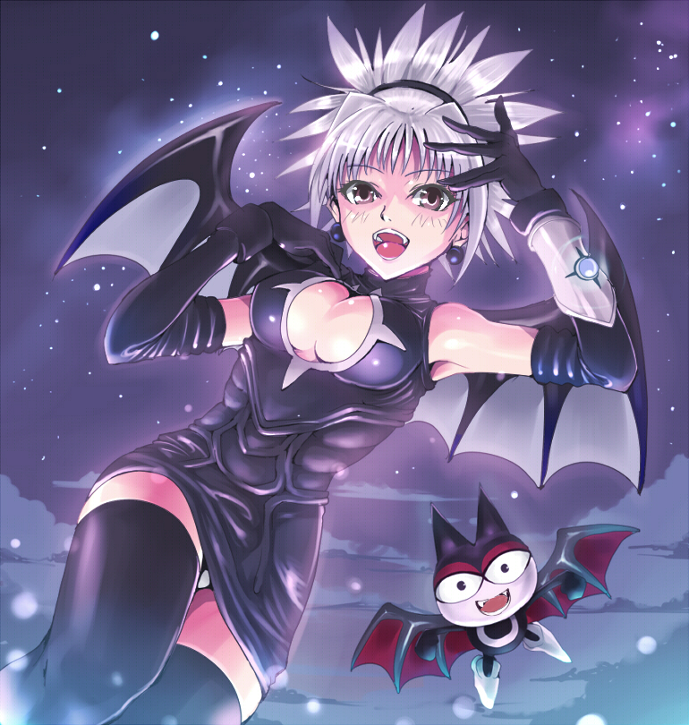 kasai shin, de-mo, komori aimi, shadow lady (character), shadow lady, bad id, bad pixiv id, 1girl, armpits, bare shoulders, bat (animal), bat wings, black thighhighs, breasts, cleavage, cleavage cutout, clothing cutout, cloud, creature, demon wings, dress, earrings, elbow gloves, female focus, gloves, grey hair, jewelry, large breasts, night, panties, panty peek, pantyshot, purple eyes, short dress, sky, smile, solo, star (sky), star (symbol), starry sky, thighhighs, underwear, white panties, wings, zettai ryouiki