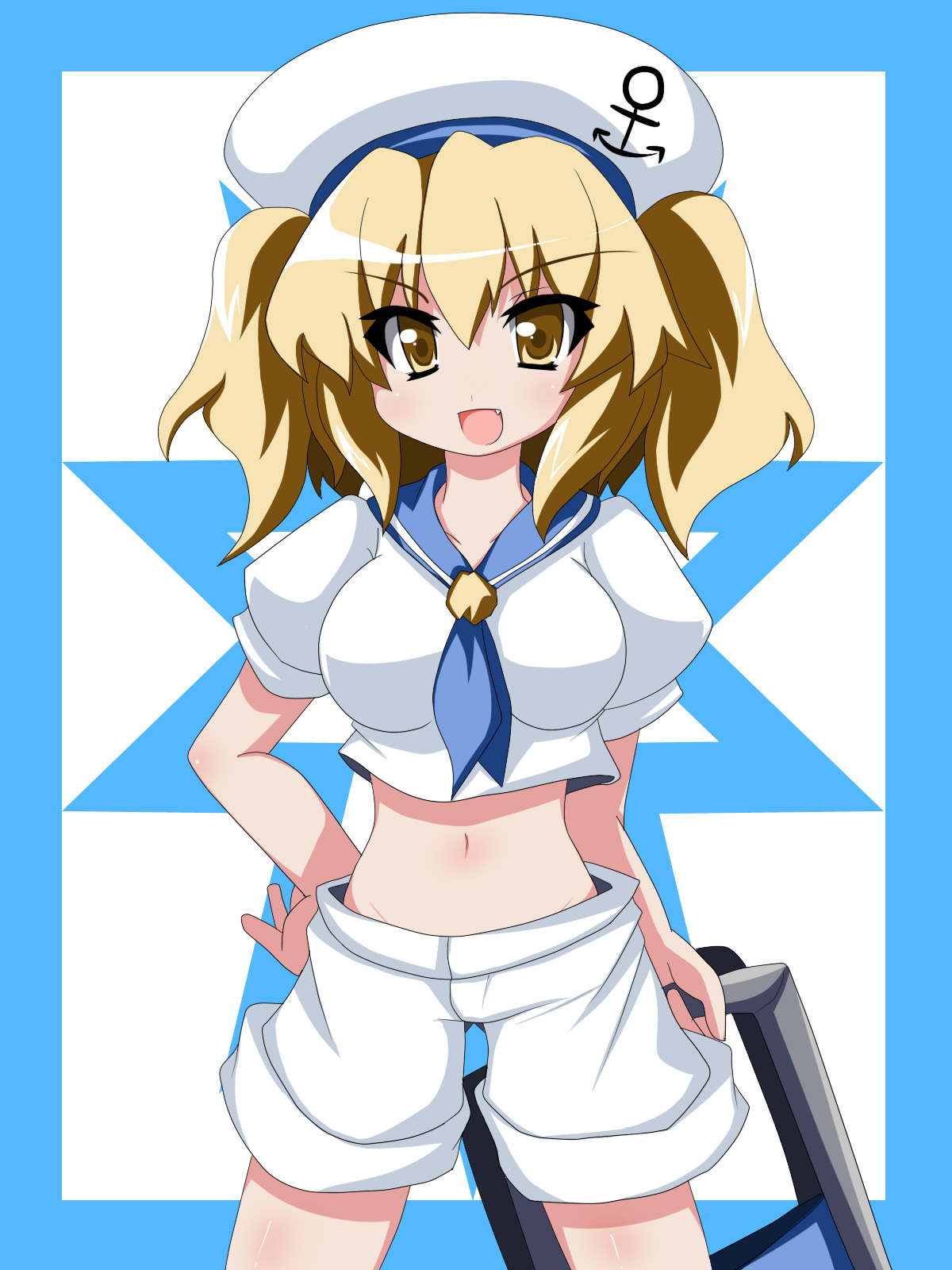 oborotsuki kakeru, kitashirakawa chiyuri, phantasmagoria of dim.dream, touhou, touhou (pc-98), highres, 1girl, blonde hair, blue sailor collar, chair, fang, female focus, folding chair, hat, midriff, navel, sailor collar, school uniform, serafuku, shorts, solo, twintails, yellow eyes
