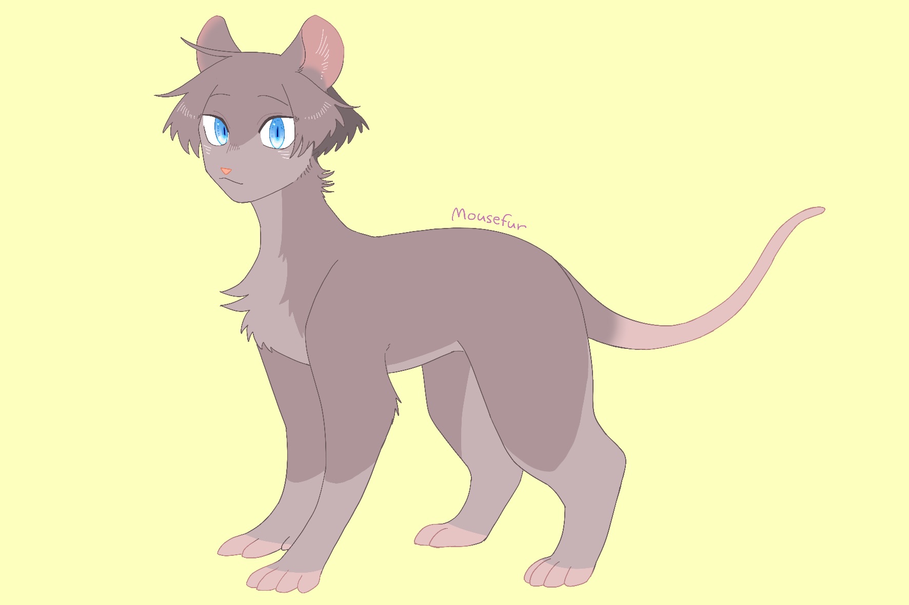 neko gokoro, the prophecies begin, warrior cats, commentary request, highres, ahoge, animal, animal focus, animal with hair, blue eyes, brown cat, cat, character name, full body, looking at viewer, mouse tail, mousefur, no humans, short hair, simple background, solo, tail, yellow eyes