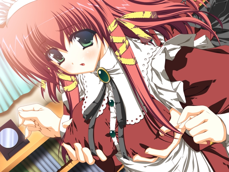 amakawa akito, hayase rin, aruji no tame ni kane wa naru, game cg, non-web source, 1girl, breasts, dutch angle, grabbing another's breast, green eyes, groping, hair ribbon, long hair, maid, medium breasts, red hair, ribbon, solo focus