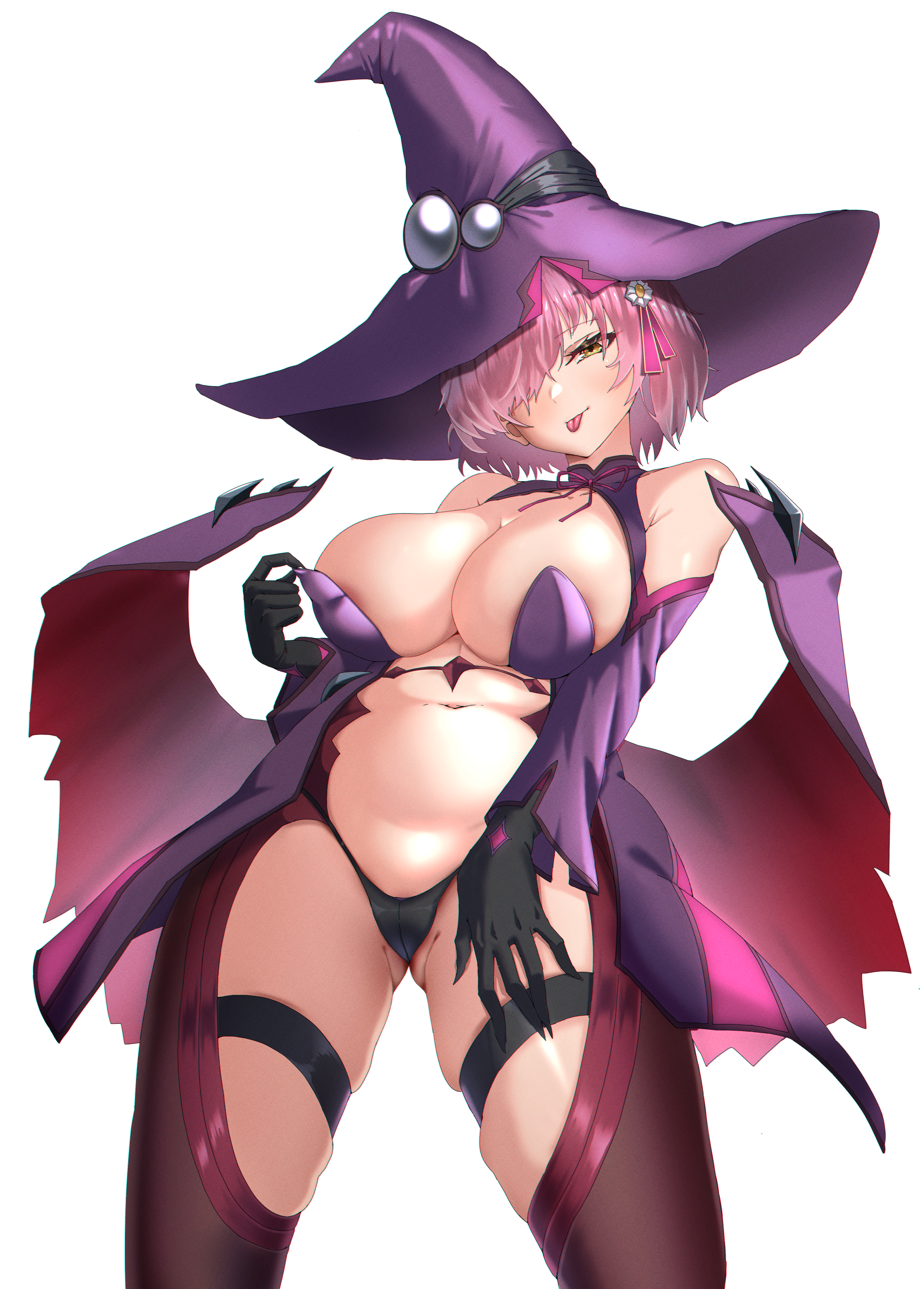 lhofi, konoe a. mercury, mash kyrielight, blazblue, fate/grand order, fate (series), absurdres, highres, 1girl, bare shoulders, bikini, bikini top pull, black bikini, black gloves, black thighhighs, blush, breasts, cameltoe, closed mouth, clothing cutout, demon girl, demon wings, gloves, hair over one eye, hat, konoe a. mercury (cosplay), large breasts, mismatched bikini, navel, pink hair, purple bikini, purple hat, purple shrug, short hair, shoulder cutout, shrug (clothing), smile, solo, stomach, swimsuit, thigh strap, thighhighs, tongue, tongue out, wings, witch hat, yellow eyes