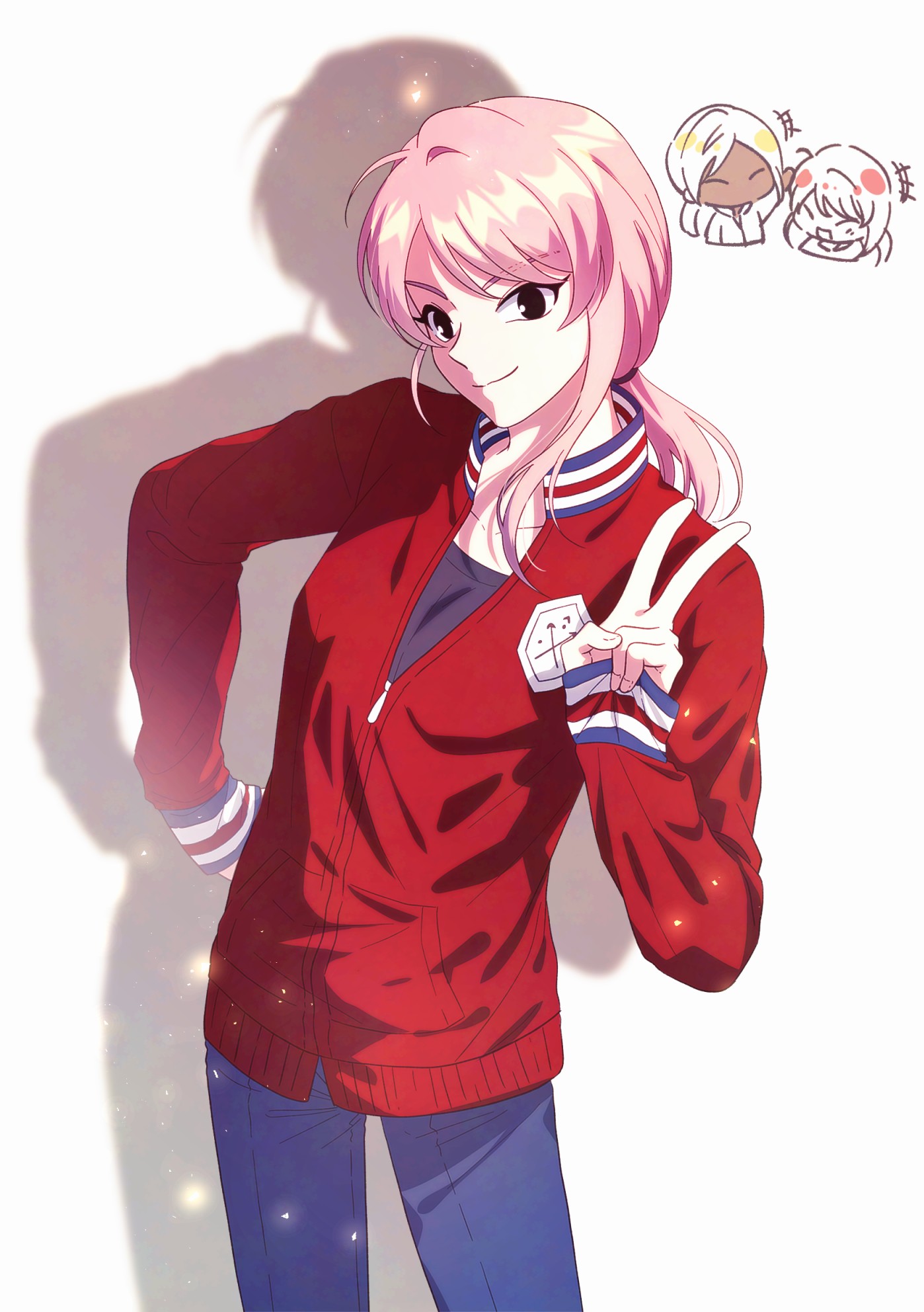 gouenji shuuya, gouenji yuuka, inazuma eleven (series), inazuma eleven go, highres, 1boy, 1girl, black eyes, blonde hair, brother and sister, denim, gguck, jacket, jeans, low ponytail, pants, pink hair, ponytail, red jacket, shirt, siblings, smile, tan, white shirt