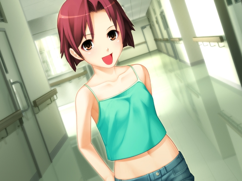 chuuou higashiguchi, watabe fuuko, angelos armas, game cg, non-web source, 1girl, camisole, denim, denim shorts, dutch angle, female focus, flat chest, midriff, red eyes, red hair, short hair, shorts, solo