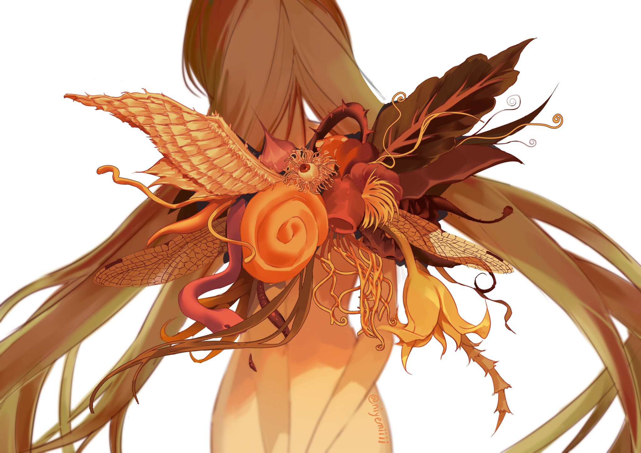 niyemiiii, sugamo mutsuki, sayonara wo oshiete, hashtag-only commentary, highres, 1girl, angel wings, arms behind back, asymmetrical wings, brown hair, flower, from behind, leaf wings, long hair, parted hair, simple background, snake, solo, very long hair, white background, wings