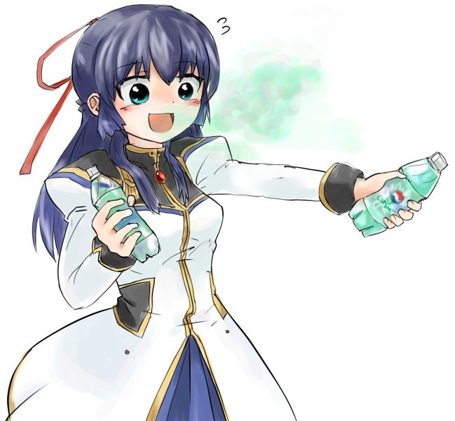 karasuma chitose, galaxy angel, pepsi, non-web source, 00s, 1girl, blue hair, bottle, breath, female focus, green eyes, half updo, long hair, military, military uniform, pepsi ice cucumber, soda, solo