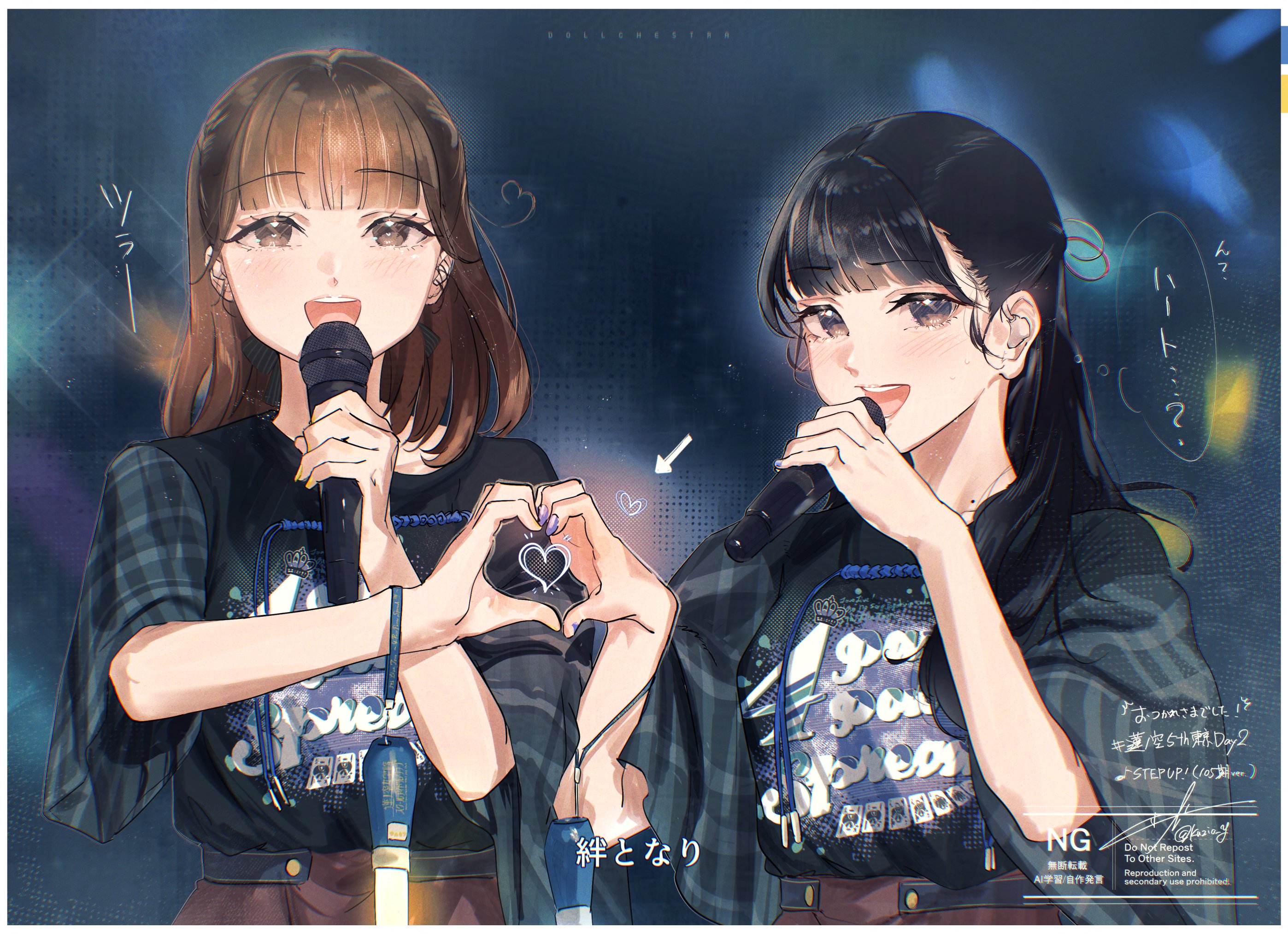 kuzia (atarayo), link! like! love live!, love live!, real life, clip studio paint (medium), commentary request, highres, making-of available, translation request, 2girls, 5th live tour ~4pair power spread!!!!~, :d, ahoge, animification, arrow (symbol), black hair, black shirt, blunt bangs, border, brown hair, brown skirt, clothes writing, dollchestra, glowstick, grey eyes, half updo, hasu no sora school uniform, hayama fuka, heart, heart ahoge, heart hands, heart hands duo, heart in heart hands, holding, holding microphone, long hair, looking at viewer, microphone, multiple girls, nonaka kokona, open mouth, penlight (glowstick), school uniform, shirt, side ahoge, signature, skirt, smile, speech bubble, subtitled, teeth, thought bubble, twitter username, upper teeth only, voice actor, watermark, white border, winter uniform