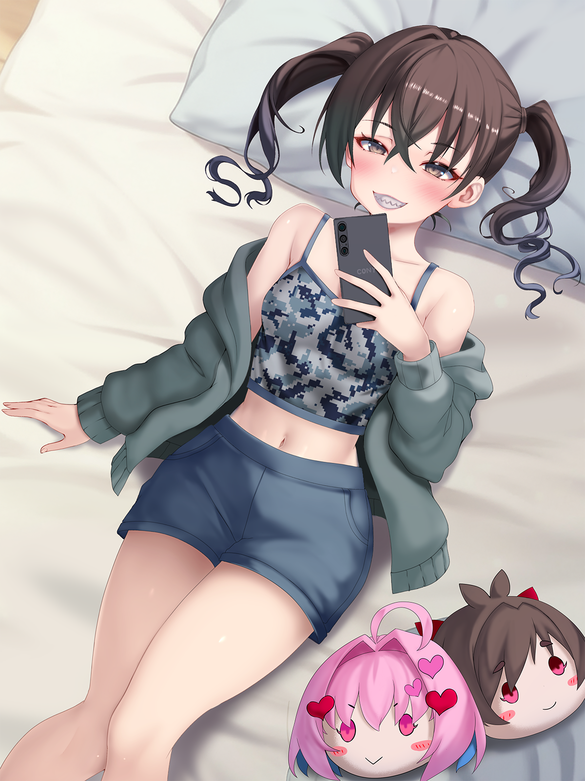 okuri banto, sunazuka akira, yumemi riamu, idolmaster, idolmaster cinderella girls, character request, highres, 1girl, cellphone, lying, mole, mole under eye, navel, phone, sharp teeth, shorts, smile, solo, teeth, twintails