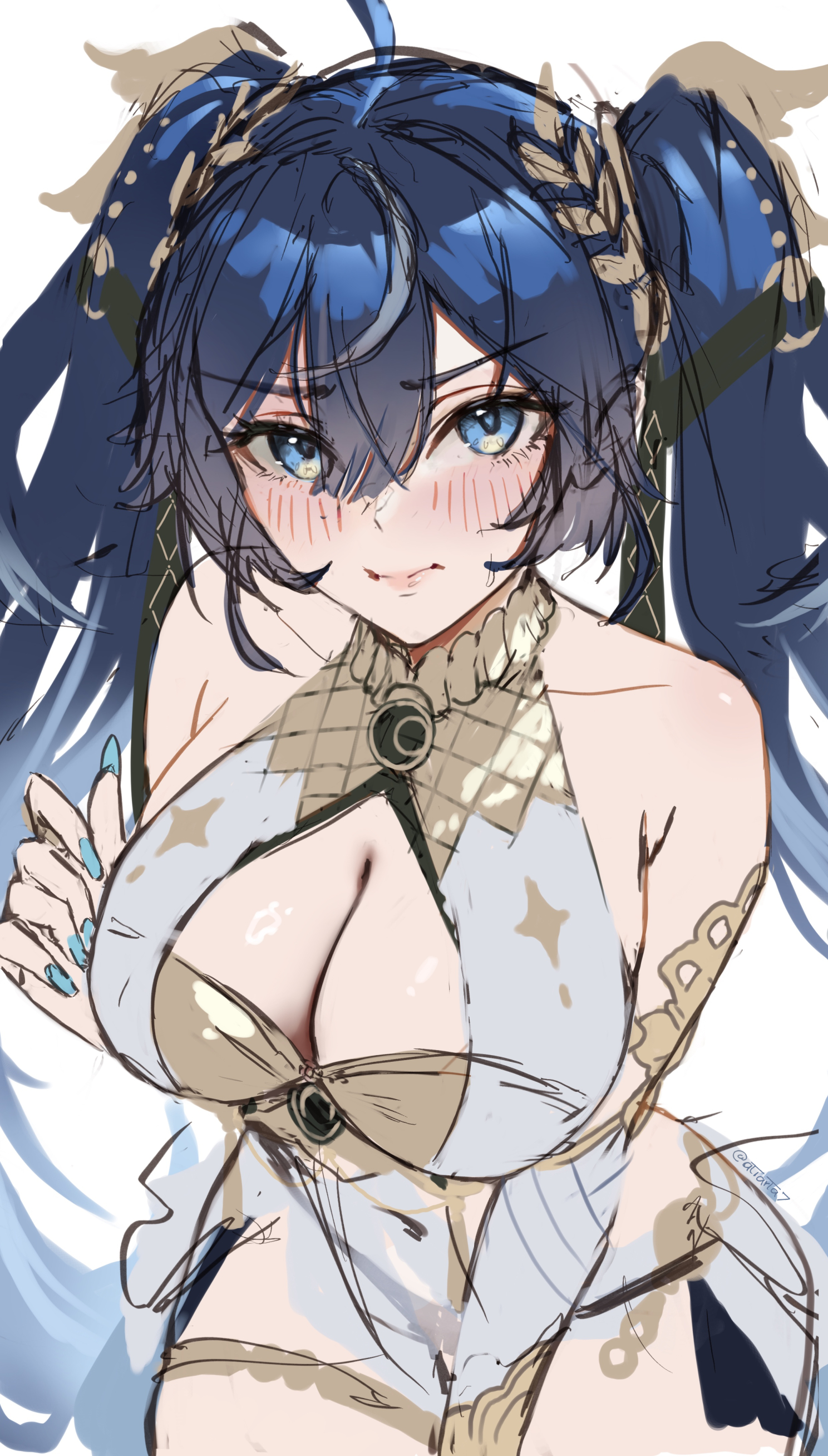 atiarta7, iuno (wuthering waves), wuthering waves, absurdres, commentary, english commentary, highres, unfinished, 1girl, ahoge, ancient greek clothes, bare shoulders, blue eyes, blue hair, blue nails, blush, breasts, cleavage, closed mouth, fingernails, gold bra, greco-roman clothes, jewelry, large breasts, laurel crown, long fingernails, long hair, looking at viewer, multicolored hair, nail polish, simple background, sketch, solo, streaked hair, thighlet, thighs, twintails, twitter username, white background
