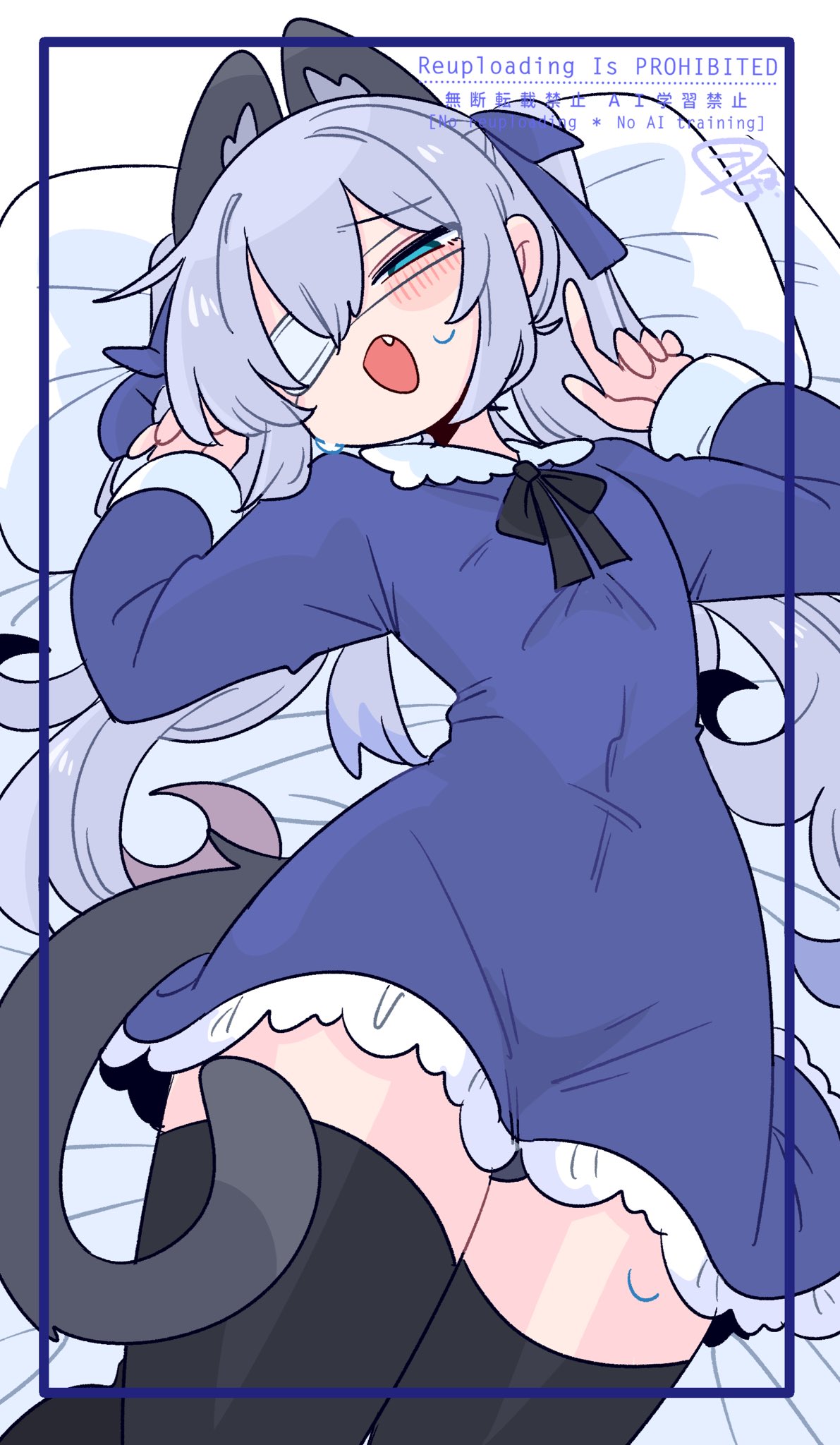 op na yarou, original, commentary, highres, 1boy, :o, animal ear fluff, animal ears, black panties, black ribbon, black thighhighs, blue border, blue bow, blue dress, blue eyes, blue hair, blush, border, bow, bulge, cat boy, cat ears, cat tail, collar, colored tips, covered navel, cowboy shot, crossdressing, crossdressing (mtf), dress, eyepatch, fang, frilled collar, frills, grey hair, grey tail, hair between eyes, hair bow, hands up, long hair, long sleeves, looking at viewer, lying, male focus, medical eyepatch, multicolored hair, narrowed eyes, neck ribbon, no nose, on back, one eye covered, open mouth, outside border, panties, panty peek, pillow, quad tails, raised inner eyebrows, red hair, ribbon, rigel (op na yarou), short dress, sidelocks, simple background, solo, sweatdrop, tail, thighhighs, thighs, trap, underwear, watermark, white background