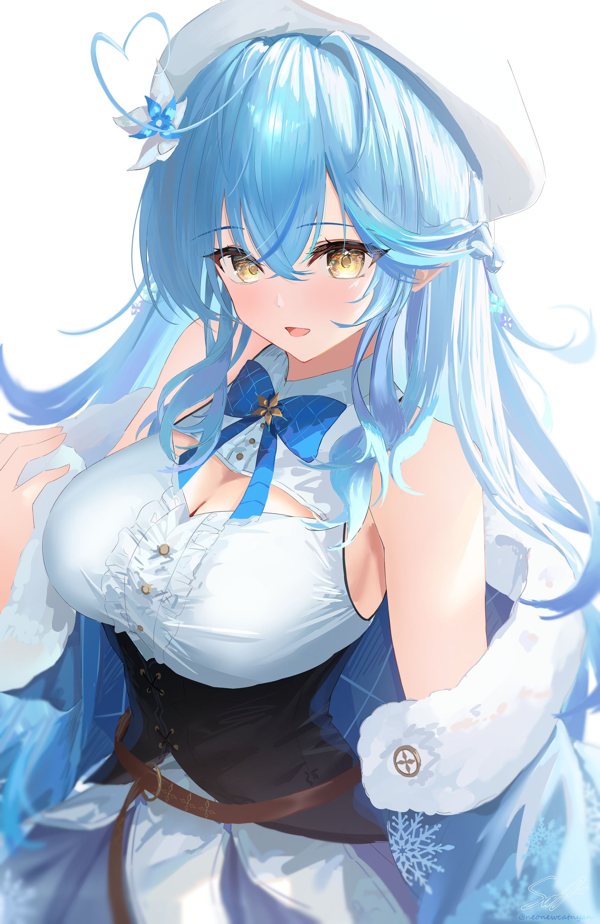 neonewcatnyan, yukihana lamy, yukihana lamy (1st costume), hololive, absurdres, commentary, highres, 1girl, :d, ahoge, belt, beret, black corset, blue bow, blue bowtie, blue coat, blue hair, blue skirt, bow, bowtie, braid, breasts, brown belt, center frills, cleavage cutout, clothing cutout, coat, coat partially removed, corset, crossed bangs, double-parted bangs, flower, frilled shirt, frills, fur-trimmed coat, fur trim, hair between eyes, hair flower, hair ornament, half up braid, hand up, hat, heart, heart ahoge, large breasts, leather belt, long hair, looking at viewer, multicolored hair, open mouth, plaid bow, plaid bowtie, plaid clothes, pointy ears, shirt, sidelocks, simple background, skirt, sleeveless, sleeveless shirt, smile, snowflake hair ornament, snowflake print, solo, streaked hair, very long hair, virtual youtuber, white background, white hat, white shirt, yellow eyes