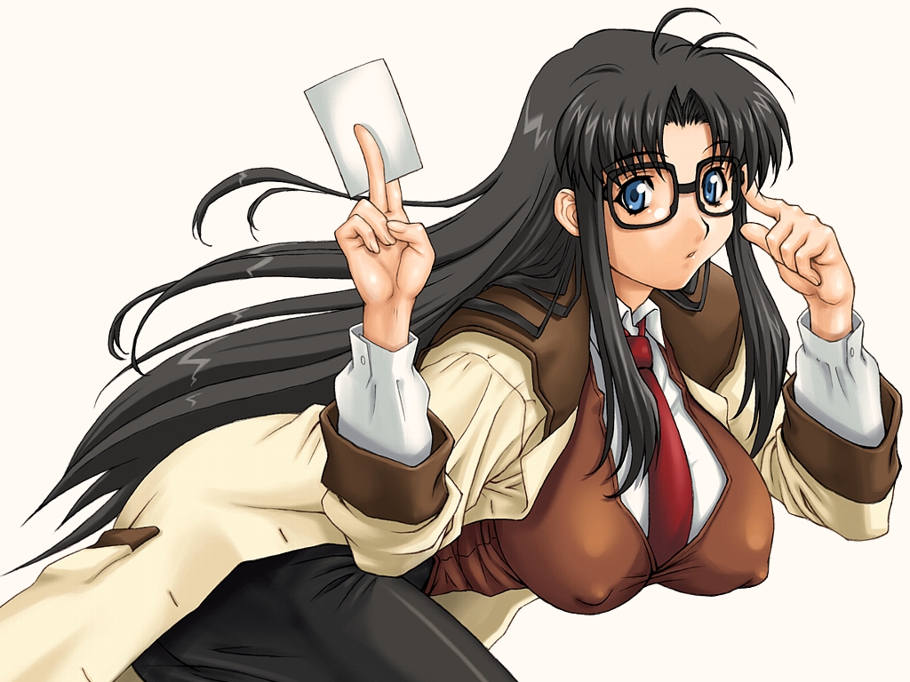 gegera, yomiko readman, read or die, non-web source, 00s, 1girl, black hair, blue eyes, breasts, card, covered erect nipples, female focus, glasses, holding, holding card, large breasts, long hair, messy hair, necktie, red necktie, solo