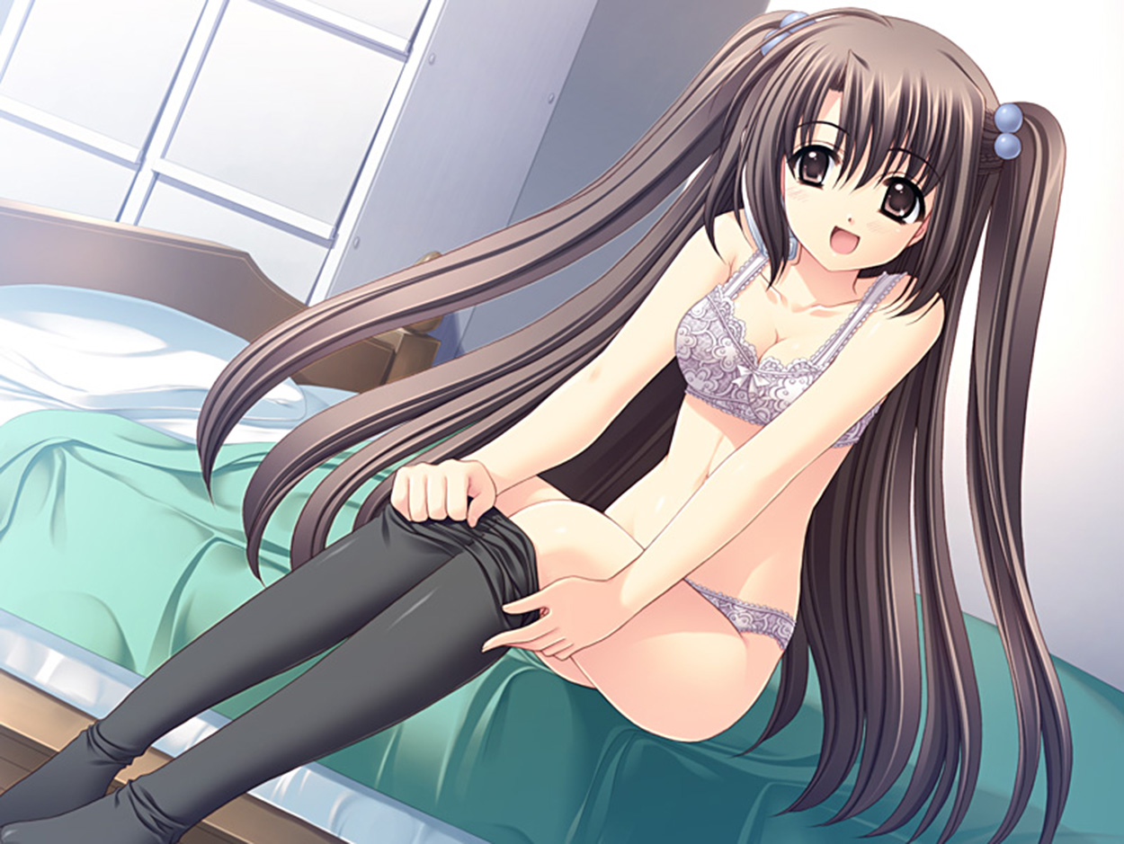nishimata aoi, watarai asuka, oretachi ni tsubasa wa nai, 1girl, bed, bow, bow bra, bra, breasts, brown eyes, brown hair, cleavage, clothes pull, dressing, female focus, hair bobbles, hair ornament, lingerie, long hair, open mouth, panties, pantyhose, pantyhose pull, pillow, smile, solo, twintails, underwear, underwear only, white bra, white panties
