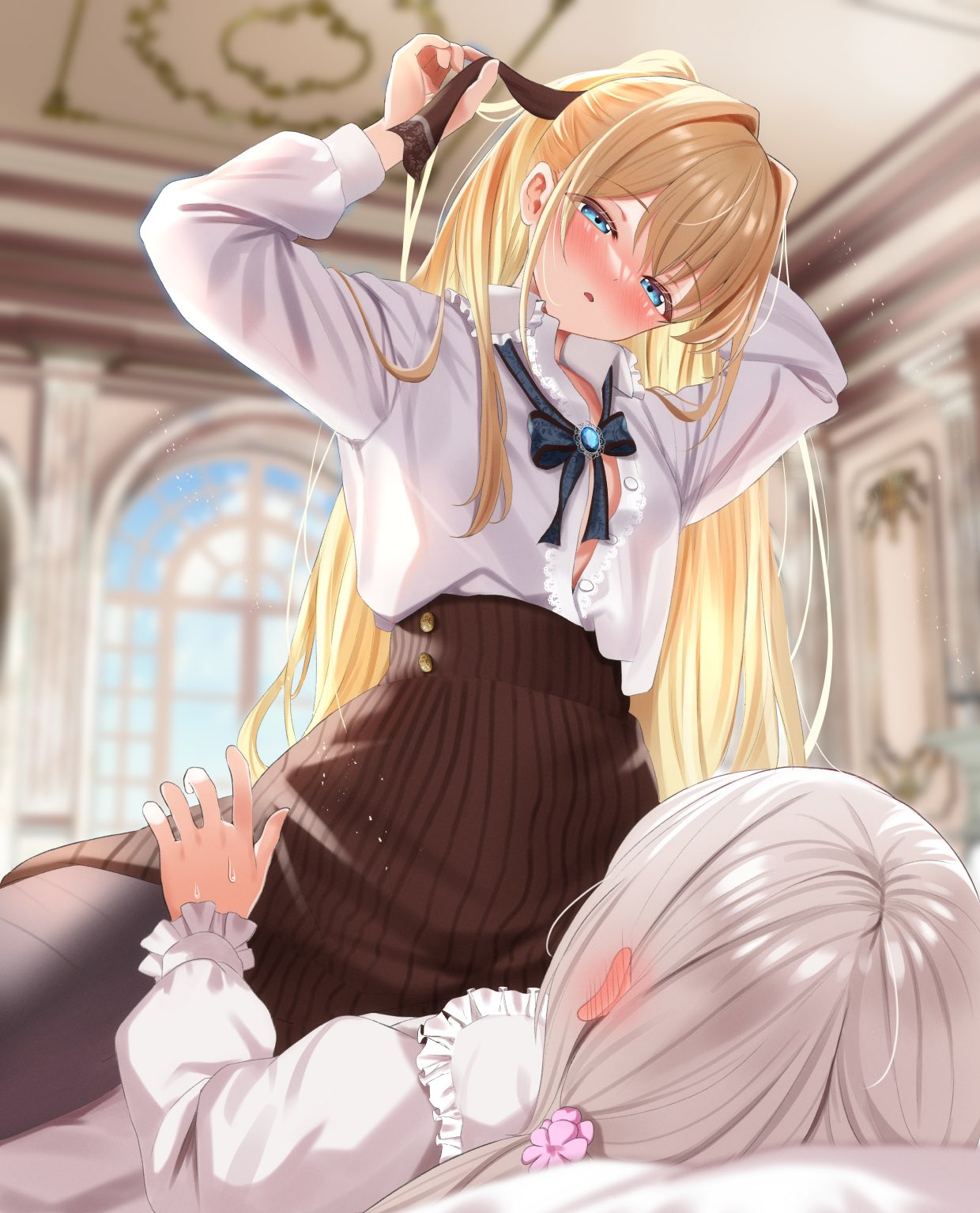 bagel sandica, commentary request, highres, 2girls, black pantyhose, blonde hair, blue eyes, blush, brown skirt, collared shirt, day, dress, ear blush, indoors, krische, light particles, long hair, lying, multiple girls, on back, open clothes, open shirt, pantyhose, parted lips, selene (shoujo no nozomanu eiyuutan), shirt, shoujo no nozomanu eiyuutan, skirt, straddling, untying hair, white dress, white hair, white shirt, window, yuri