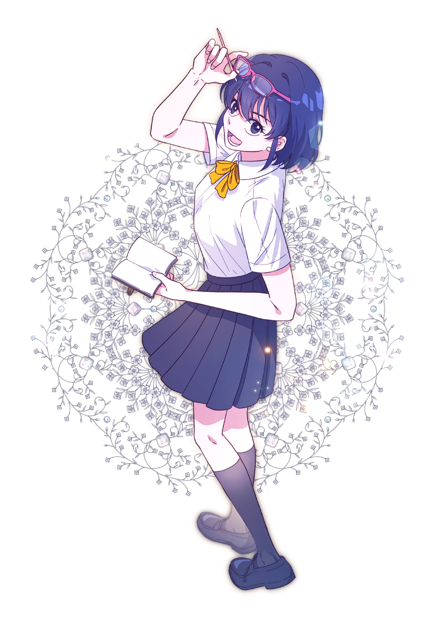 otonashi haruna, inazuma eleven, inazuma eleven (series), highres, 1girl, black socks, blue eyes, blue hair, gguck, glasses, holding, holding notebook, notebook, pen, pleated skirt, red-framed eyewear, shirt, skirt, smile, socks, white background, white shirt
