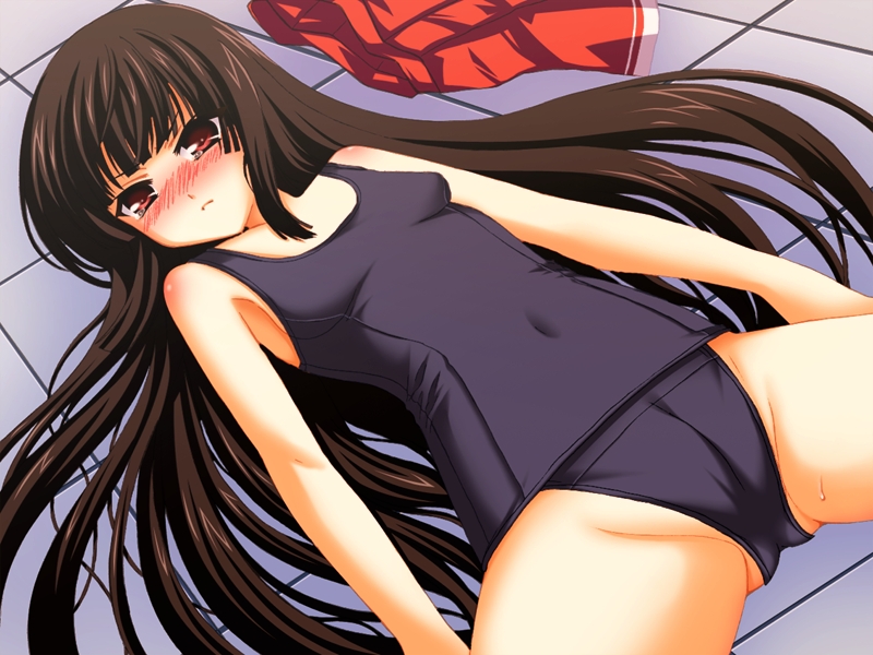 ikeda jun (aquaqua), ham ham soft, imouto ni! sukumizu kisetara nugasanai!, game cg, non-web source, 1girl, black one-piece swimsuit, blush, brown hair, cameltoe, female focus, flat chest, long hair, lying, one-piece swimsuit, red eyes, school swimsuit, solo, spread legs, swimsuit, tears, you gonna get raped