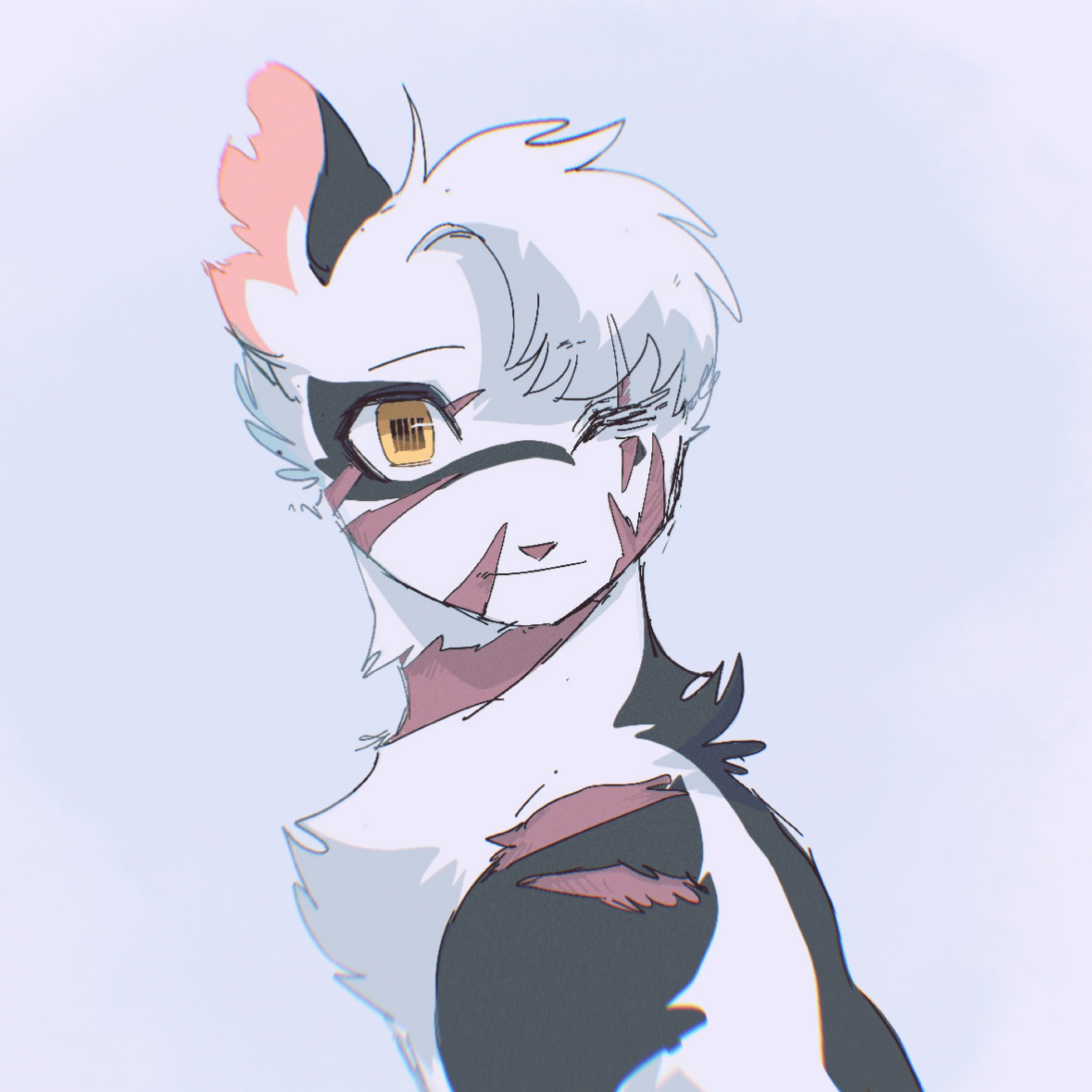 neko gokoro, the prophecies begin, warrior cats, commentary request, highres, alternate universe, animal, animal focus, animal with hair, cat, looking at viewer, no humans, one eye closed, scar, simple background, solo, swiftpaw, upper body, white background, white cat, yellow eyes
