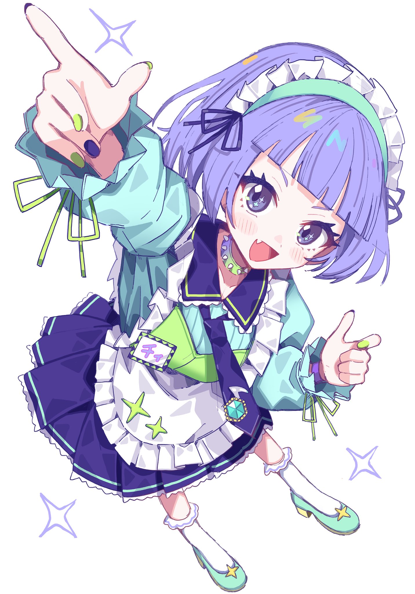 morumoru x, original, highres, 1girl, :d, apron, blue shirt, blue skirt, blunt bangs, blush, choker, collared shirt, contrast collar, fang, frilled apron, frills, full body, green choker, green nails, green shoes, long sleeves, looking at viewer, maid headdress, multicolored nails, nail polish, necktie, open mouth, outstretched arm, pleated skirt, purple eyes, purple hair, purple nails, purple necktie, shirt, shoes, short hair, simple background, skirt, smile, socks, solo, spiked choker, spikes, standing, white apron, white background, white socks