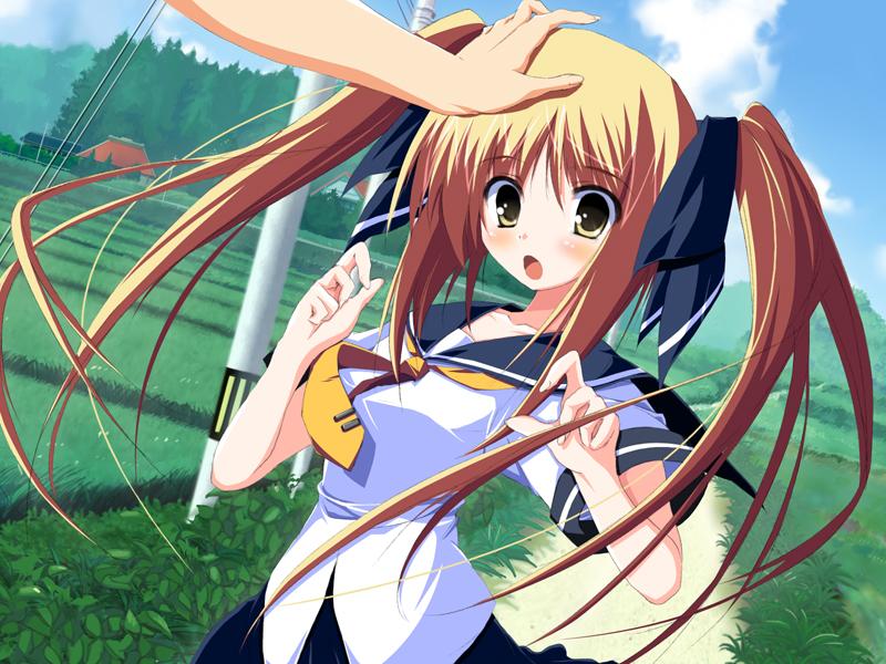 hiiragi nazuna, tsukisome no kasa, game cg, jpeg artifacts, non-web source, 1girl, blonde hair, hand on another's head, head pat, headpat, long hair, school uniform, serafuku, solo focus, twintails, yellow eyes