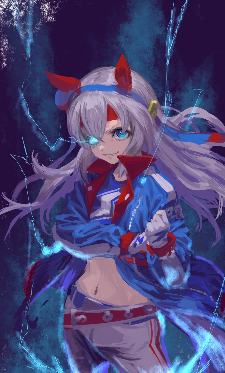 inishie kumo, tamamo cross (umamusume), tamamo cross (with lightning speed) (umamusume), umamusume, highres, 1girl, animal ears, blue eyes, blue hairband, blue jacket, blue shirt, cropped shirt, ear covers, gloves, glowing, glowing eye, greyscale, grin, hair between eyes, hairband, horse ears, horse girl, jacket, long hair, looking at viewer, monochrome, navel, open clothes, open jacket, pants, shirt, sidelocks, smile, solo, stomach, white gloves, white pants
