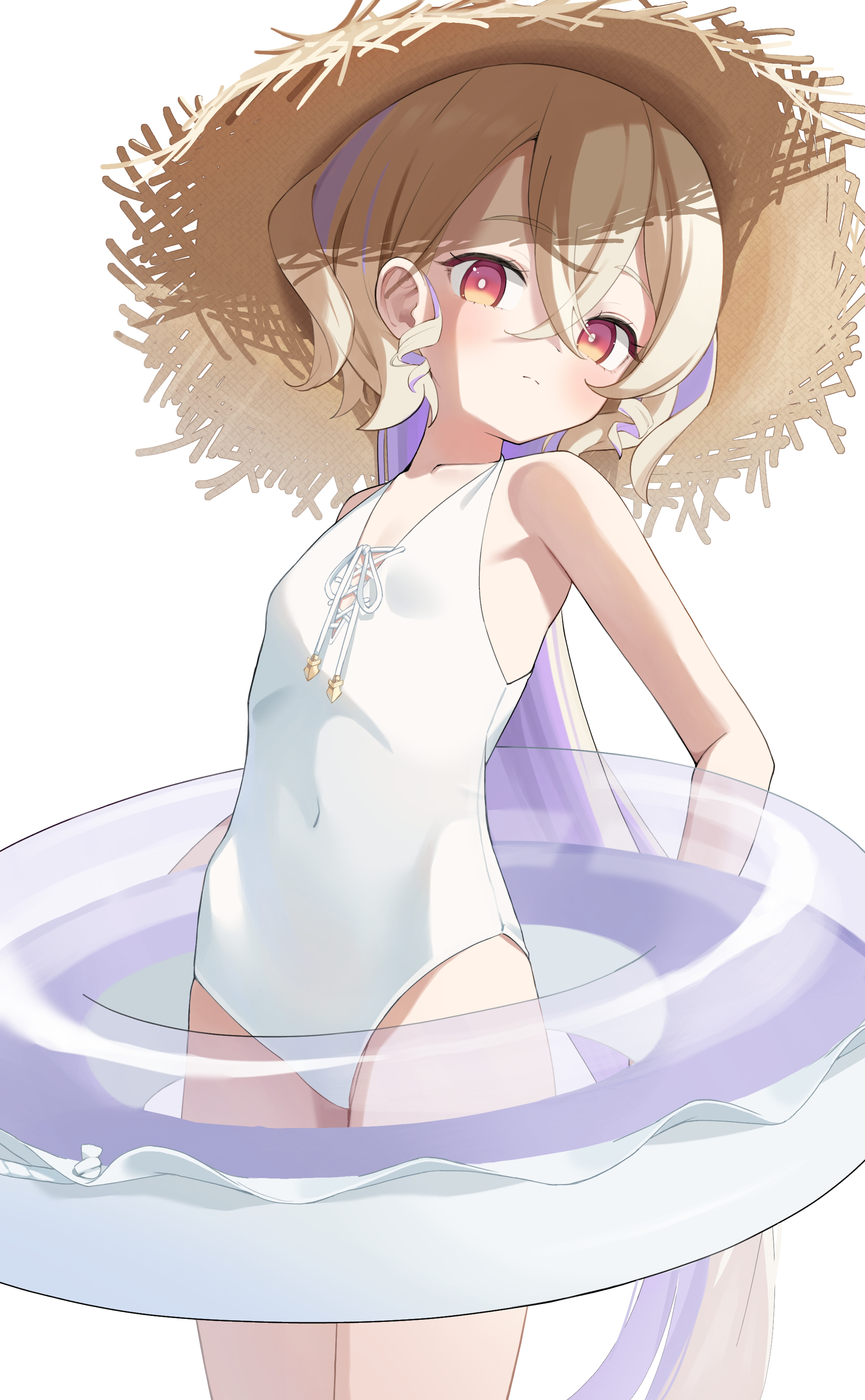 ren-da-min, duel masters, absurdres, highres, 1girl, breasts, hat, innertube, long hair, looking at viewer, lumiere (duel masters), one-piece swimsuit, red eyes, simple background, small breasts, solo, straw hat, swim ring, swimsuit, white background, white one-piece swimsuit