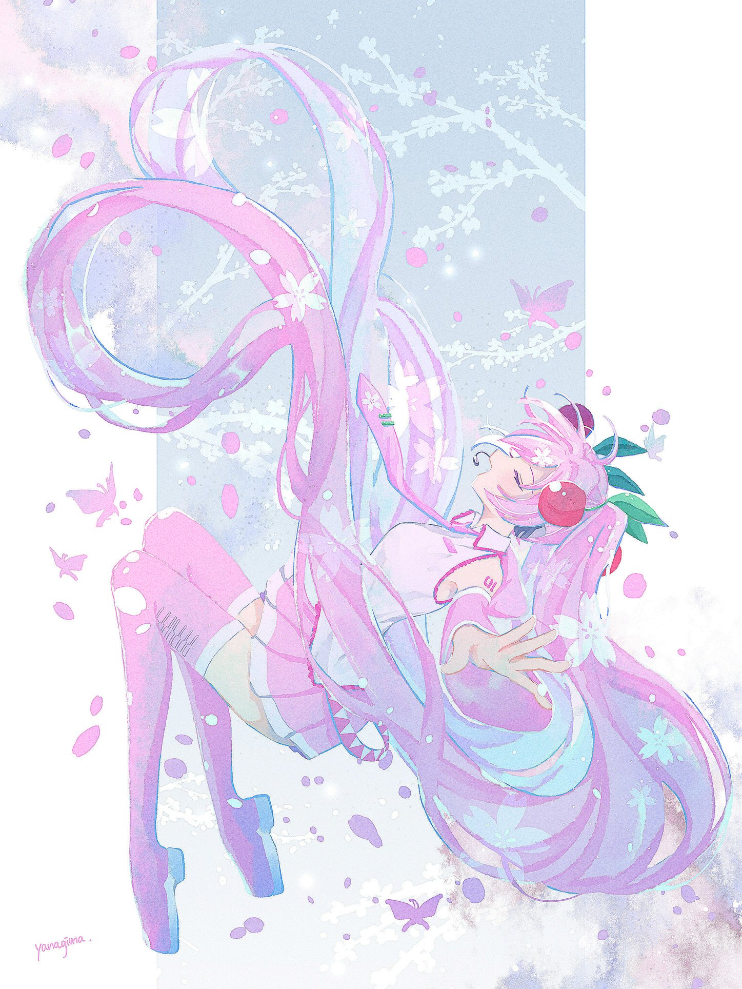 yanagima yu03, hatsune miku, sakura miku, vocaloid, highres, 1girl, armpits, breasts, bug, butterfly, cherry blossoms, closed eyes, detached sleeves, floating hair, from side, headset, insect, medium breasts, petals, pillarboxed, pink hair, pink skirt, skirt, solo, twintails