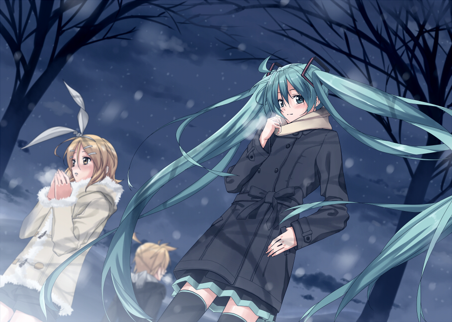 nagareboshi, hatsune miku, kagamine len, kagamine rin, vocaloid, black legwear, 1boy, 2girls, ahoge, aqua hair, blurry, coat, depth of field, hair between eyes, long hair, miniskirt, motion blur, multiple girls, outdoors, own hands together, skirt, snowing, standing, thighhighs, twintails, very long hair, zettai ryouiki