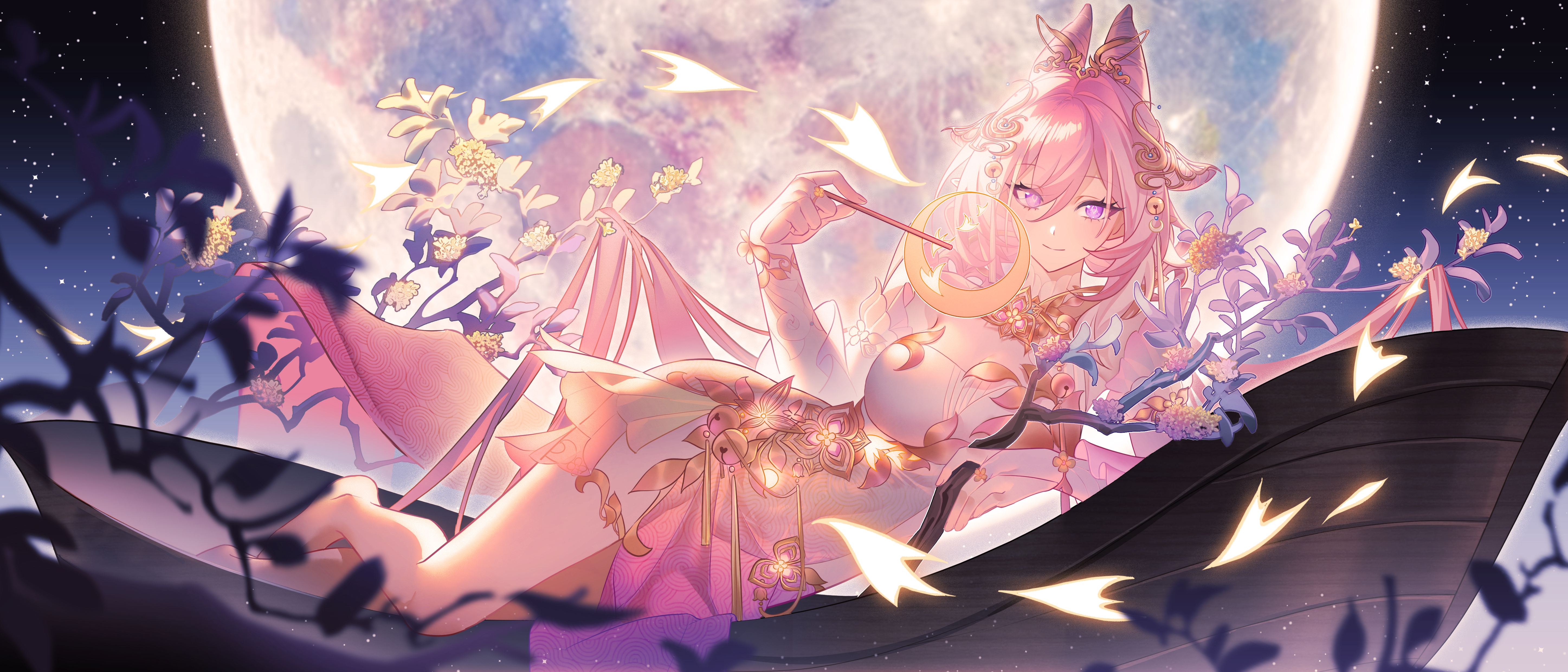 sang sha, elysia (honkai impact), honkai (series), honkai impact 3rd, absurdres, chinese commentary, commentary request, highres, 1girl, breasts, bridal gauntlets, cleavage, closed mouth, covered navel, dress, full moon, hair between eyes, hair ornament, holding, large breasts, long hair, looking at viewer, lying, moon, on branch, on side, pink hair, purple eyes, smile, solo, very long hair, white bridal gauntlets, white dress