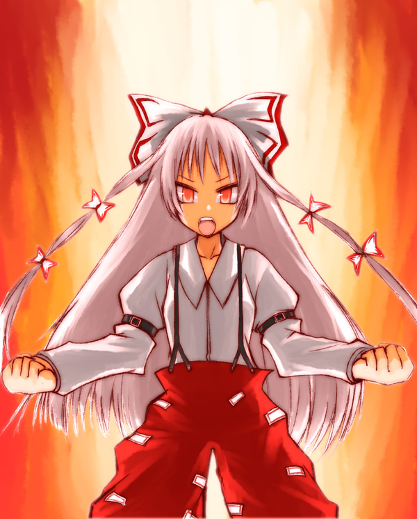 hane (hanegoya), fujiwara no mokou, touhou, bad id, bad pixiv id, 1girl, female focus, fire, gradient background, hair ribbon, long hair, pants, red eyes, ribbon, solo, standing, suspenders, white hair