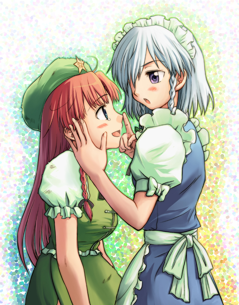 niina ryou, hong meiling, izayoi sakuya, embodiment of scarlet devil, touhou, silver hair, bad id, bad pixiv id, 2girls, braid, female focus, hand on another's face, hat, multiple girls, red hair, tears, twin braids