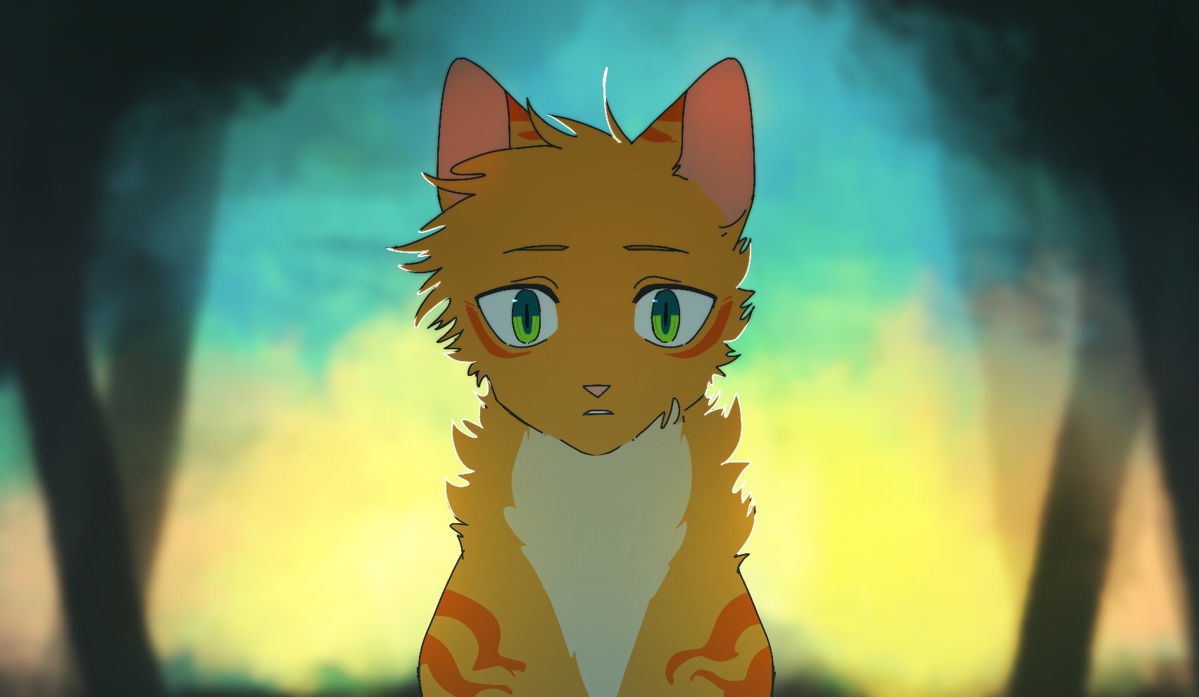 neko gokoro, firestar (warrior cats), the prophecies begin, warrior cats, commentary request, highres, animal, animal focus, blurry, blurry background, cat, green eyes, looking at viewer, no humans, outdoors, solo, tree, upper body
