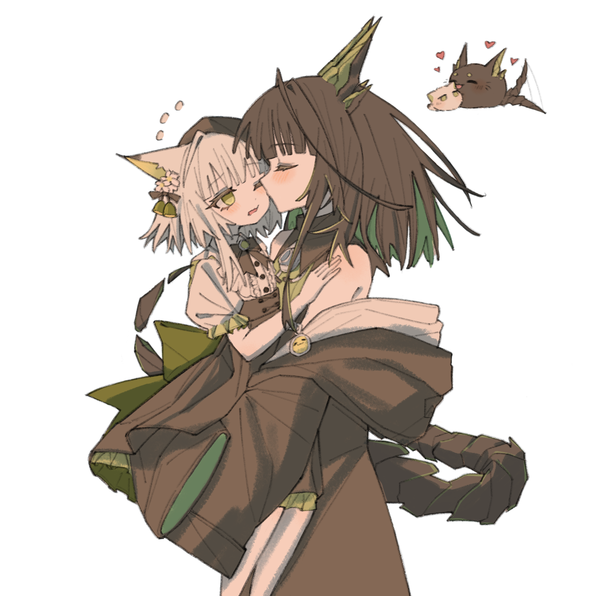 kuafunvkai, kal'tsit (arknights), mon3tr (arknights), arknights, chinese commentary, commentary request, highres, 2girls, aged down, animal ear fluff, animal ears, animalization, black hair, black jacket, black skirt, carrying, carrying person, cat, cat ears, chibi, closed eyes, cowboy shot, flying sweatdrops, green eyes, green hair, heart, jacket, kiss, kissing cheek, long hair, long sleeves, multicolored hair, multiple girls, off shoulder, person and animalization, profile, puffy short sleeves, puffy sleeves, shirt, short sleeves, simple background, sitting, skirt, sleeves past fingers, sleeves past wrists, standing, white background, white shirt